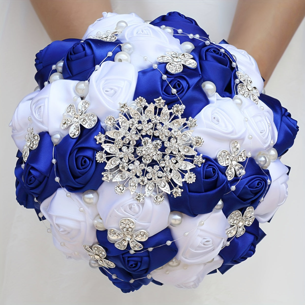 Wedding Bridal Satin Flower Handheld Accessory with Faux Pearls and Rhinestones