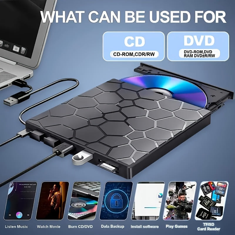 Unidad externa de CD DVD USB 3.0 8 en 1, grabadora y reproductor portátil para portátiles y escritorios