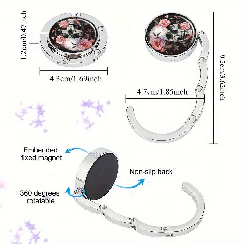 Foldable Handbag Hanger with Floral Sugar Skull Design Zinc Alloy Purse Hook