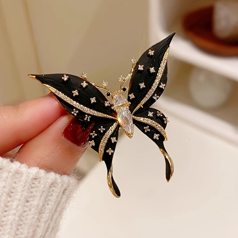 Broche mariposa negra de aleación con rhinestones, joyería elegante para suéteres y trajes