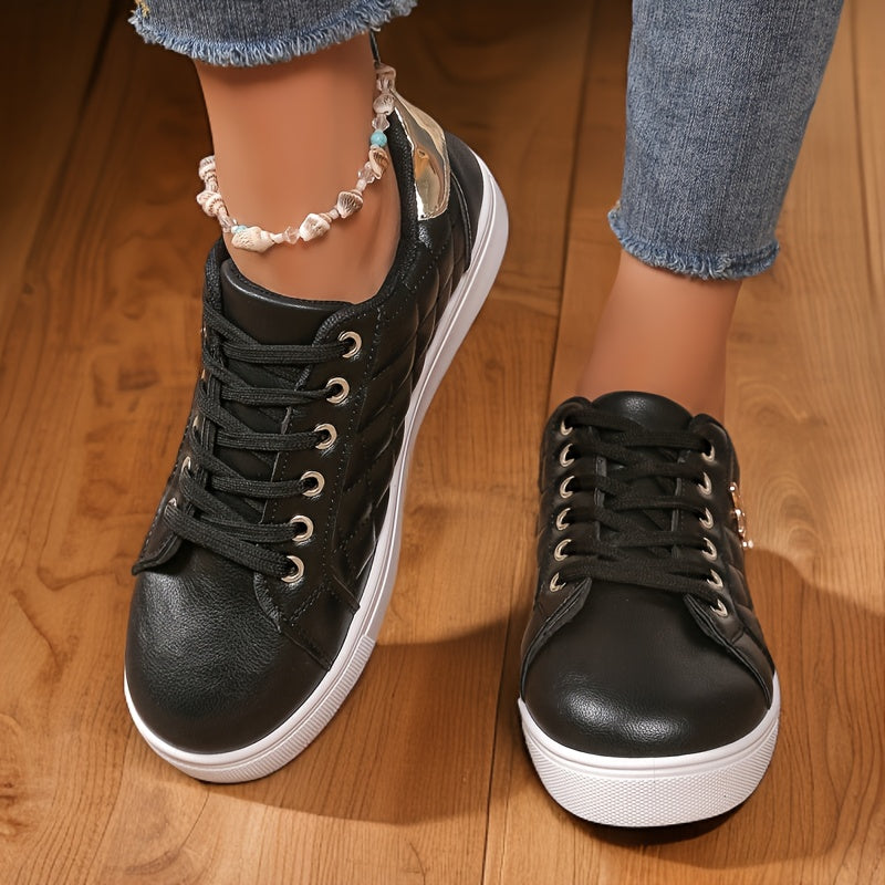 Women's White Lace-Up Sneakers Casual Low Tops Durable Rubber Sole