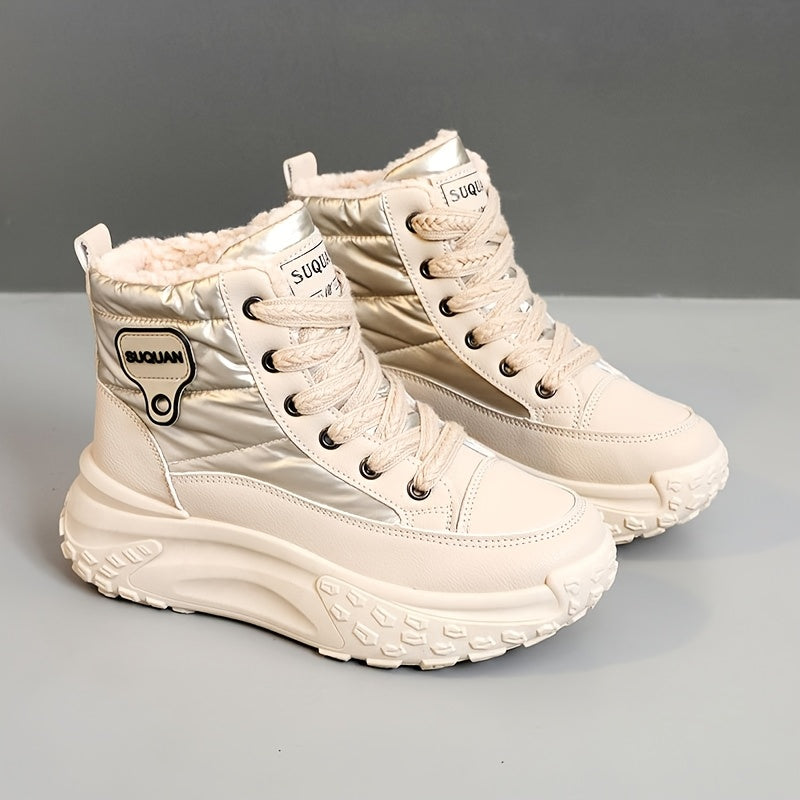 Women's Fleece-Lined Platform Ankle Boots Winter Casual Lace-Up Black Brown Beige