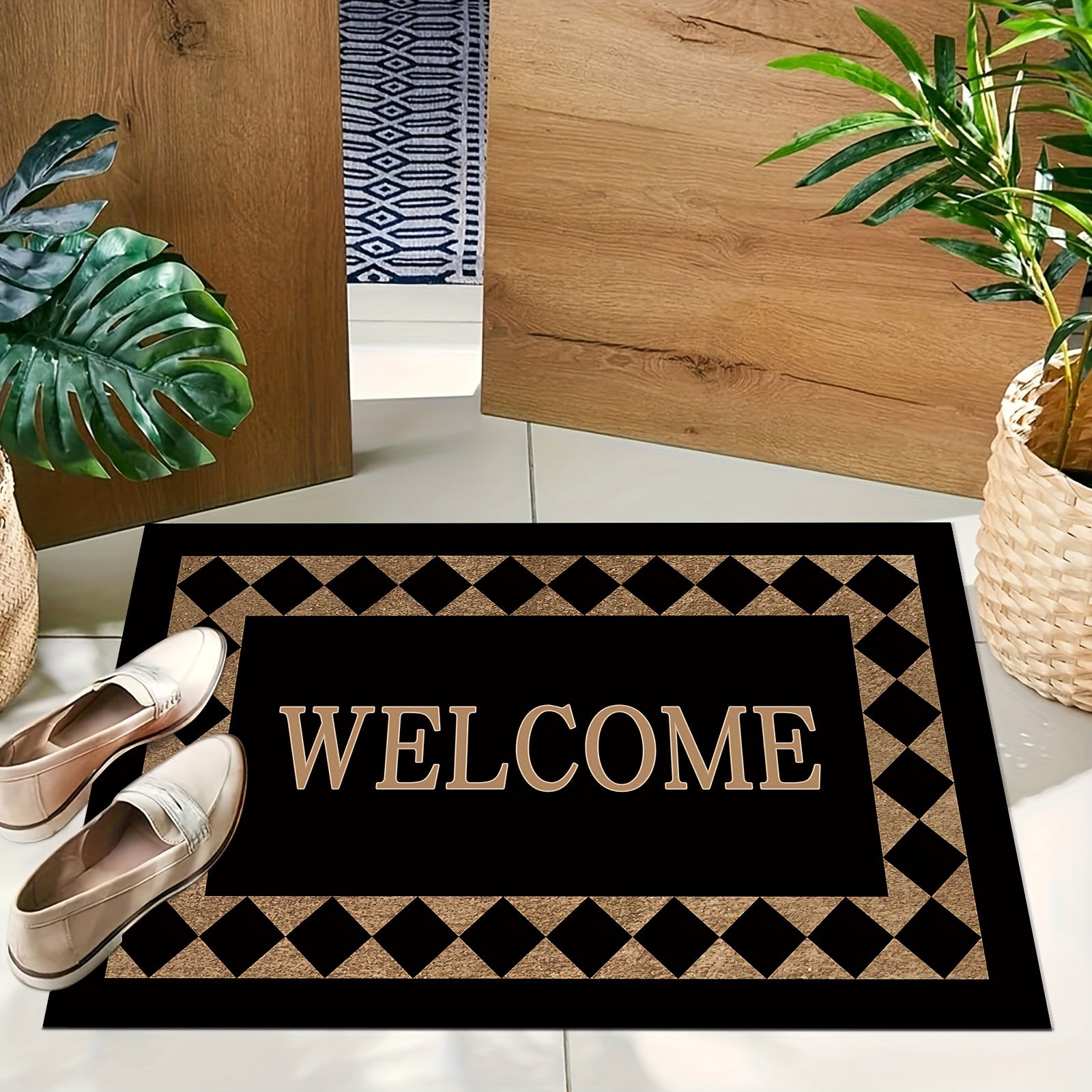 Modern Fashion Welcome Doormat Non-Slip Machine Washable Polyester Entryway Rug