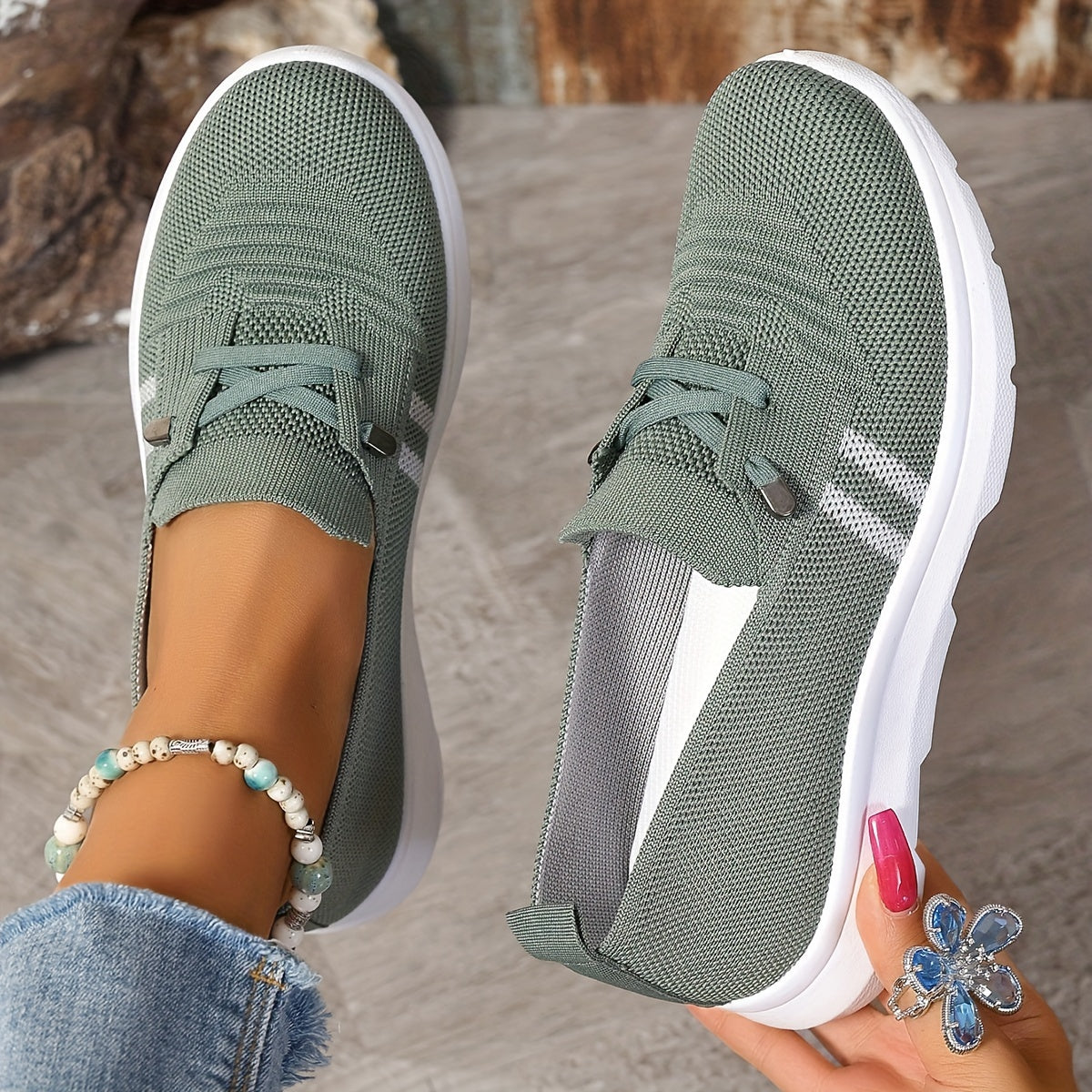 Ladies Breathable Casual Slip-On Sneakers Low Top Fabric Stripes