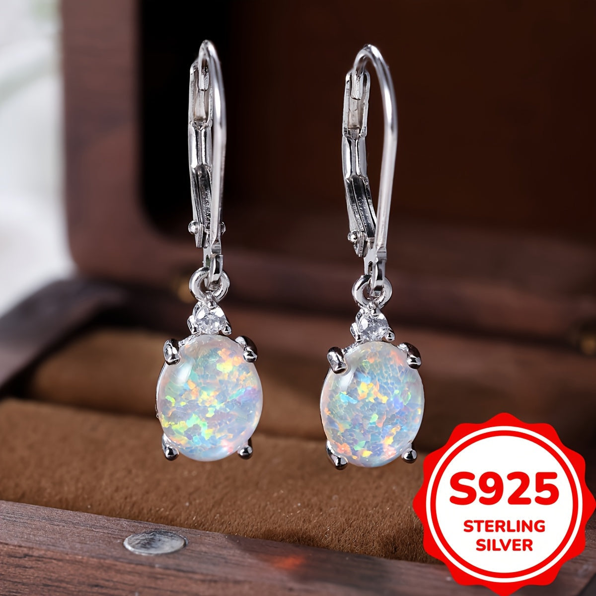 Women's Green Fire Opal Rhodium Plated Round-Cut Dangle Earrings