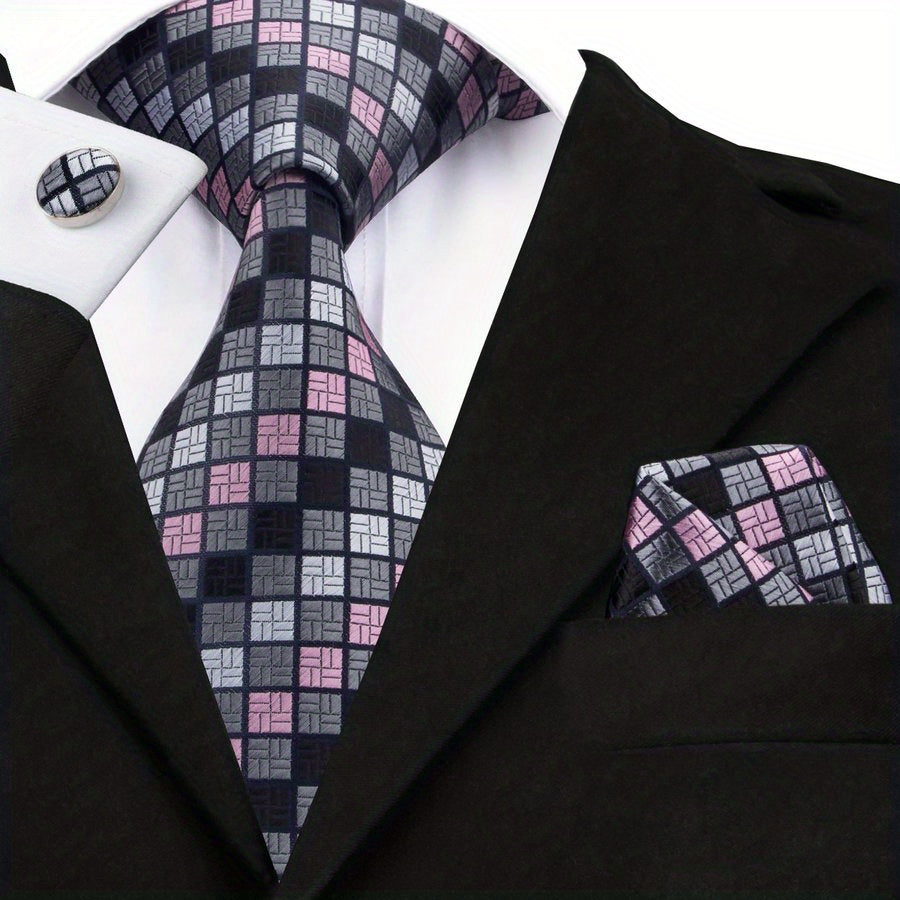 Men's Classic Necktie Set 160cm with Matching Hanky and Cufflinks for Business and Formal Events