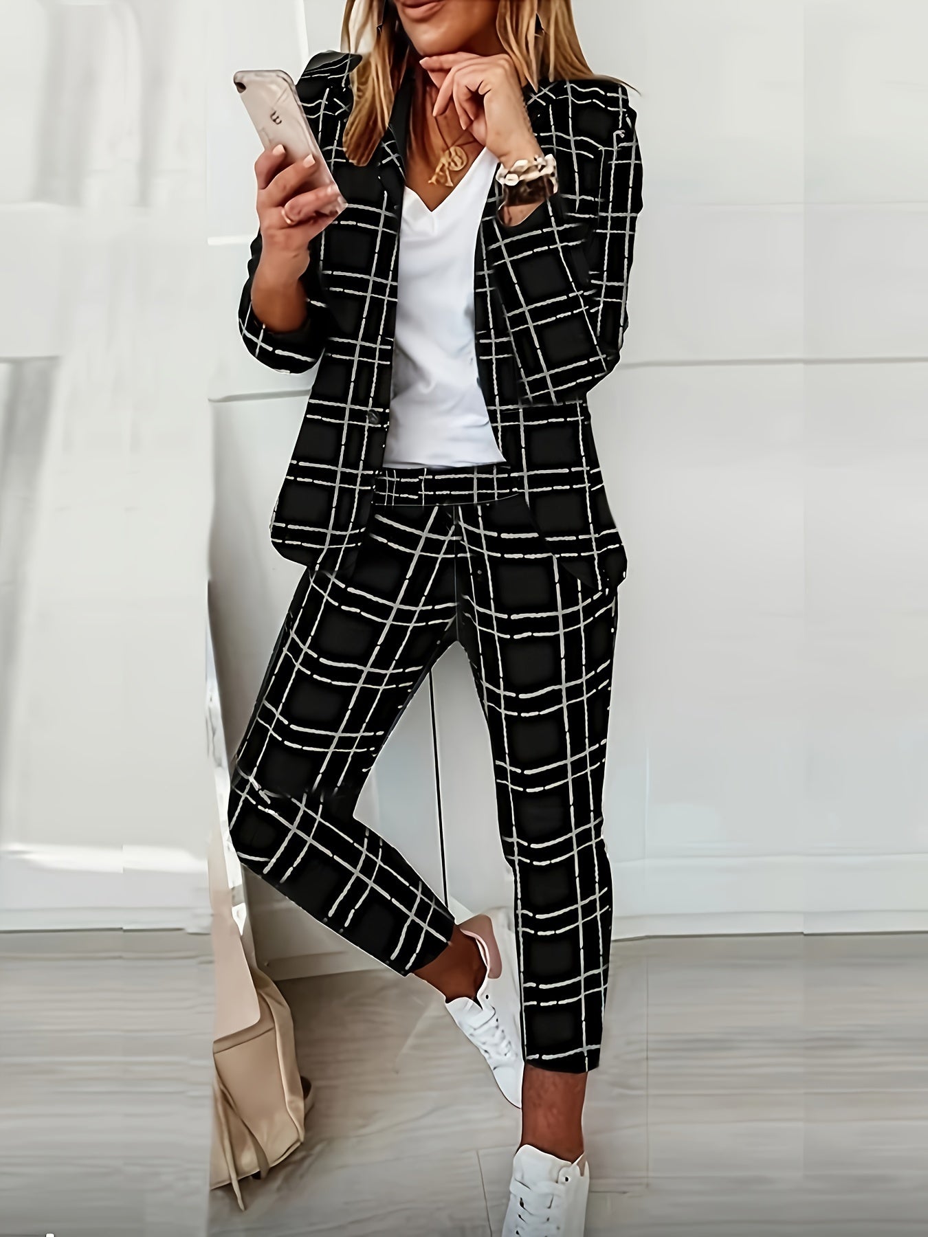 Plus Size Plaid Blazer and Pants Set for Women Polyester Spandex Casual Work Leisure