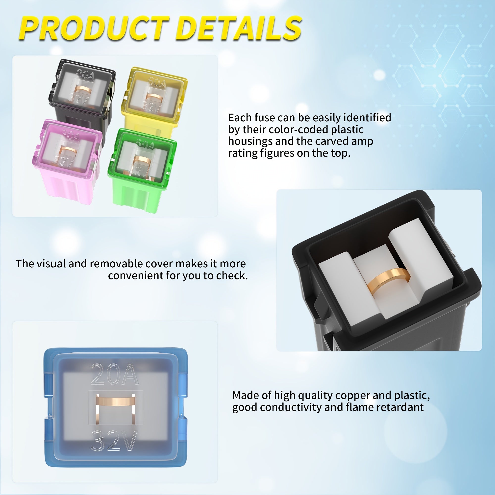 36pcs Fuse Box Set for Cars SUVs High and Low Square Fuses 20A 30A 40A 50A 60A 80A