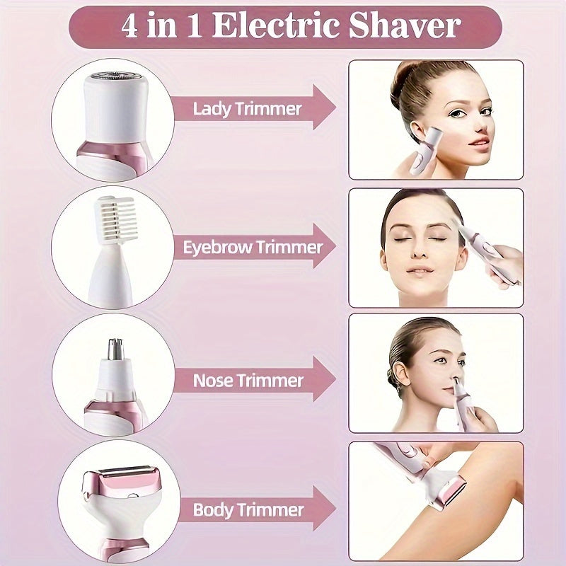Set de depilación eléctrica 4 en 1 para mujeres, para área púbica, cejas, nariz, rostro y piernas, recargable por USB, portátil