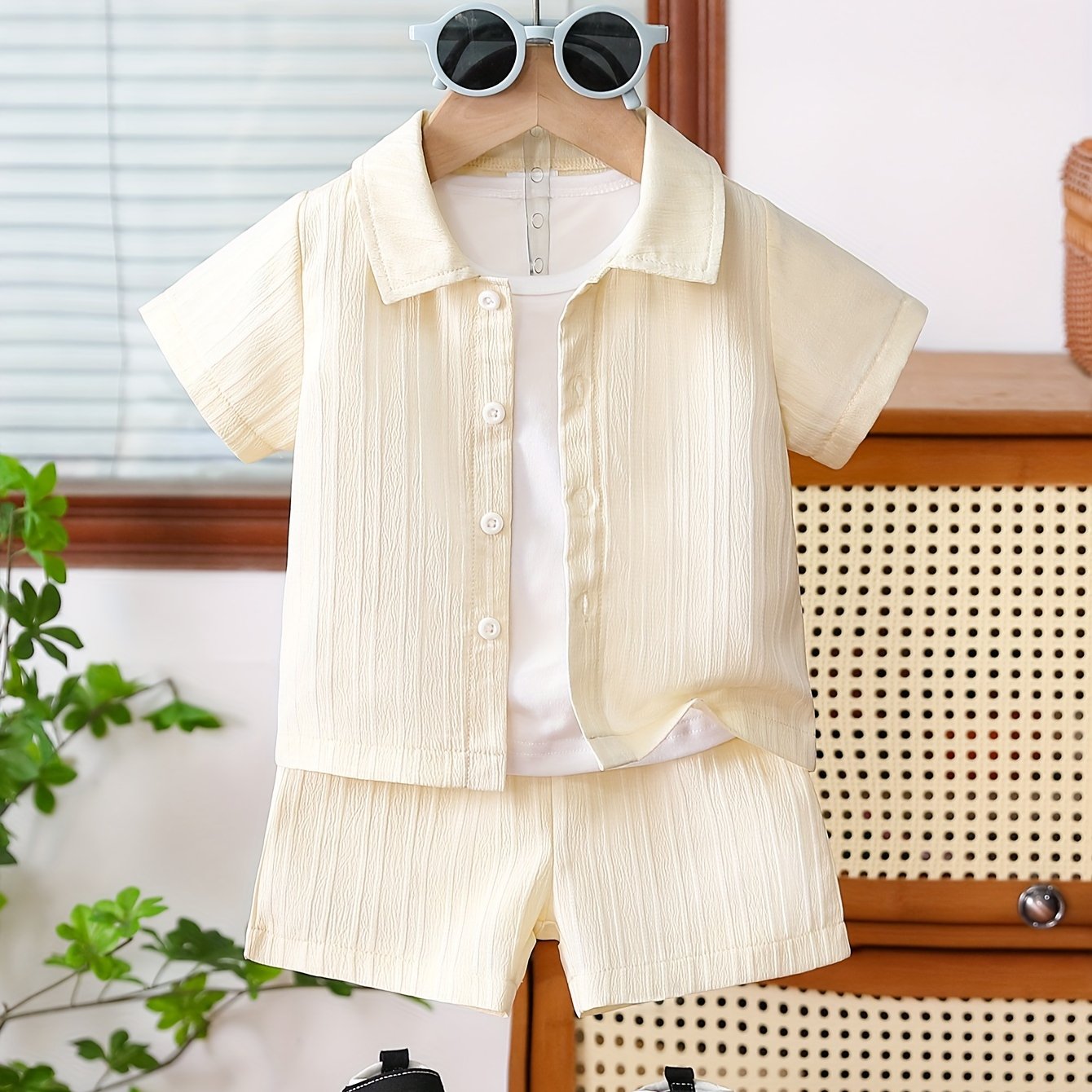 Men's Summer Apricot Striped Shirt and Shorts Set Casual Non-Stretch Polyester