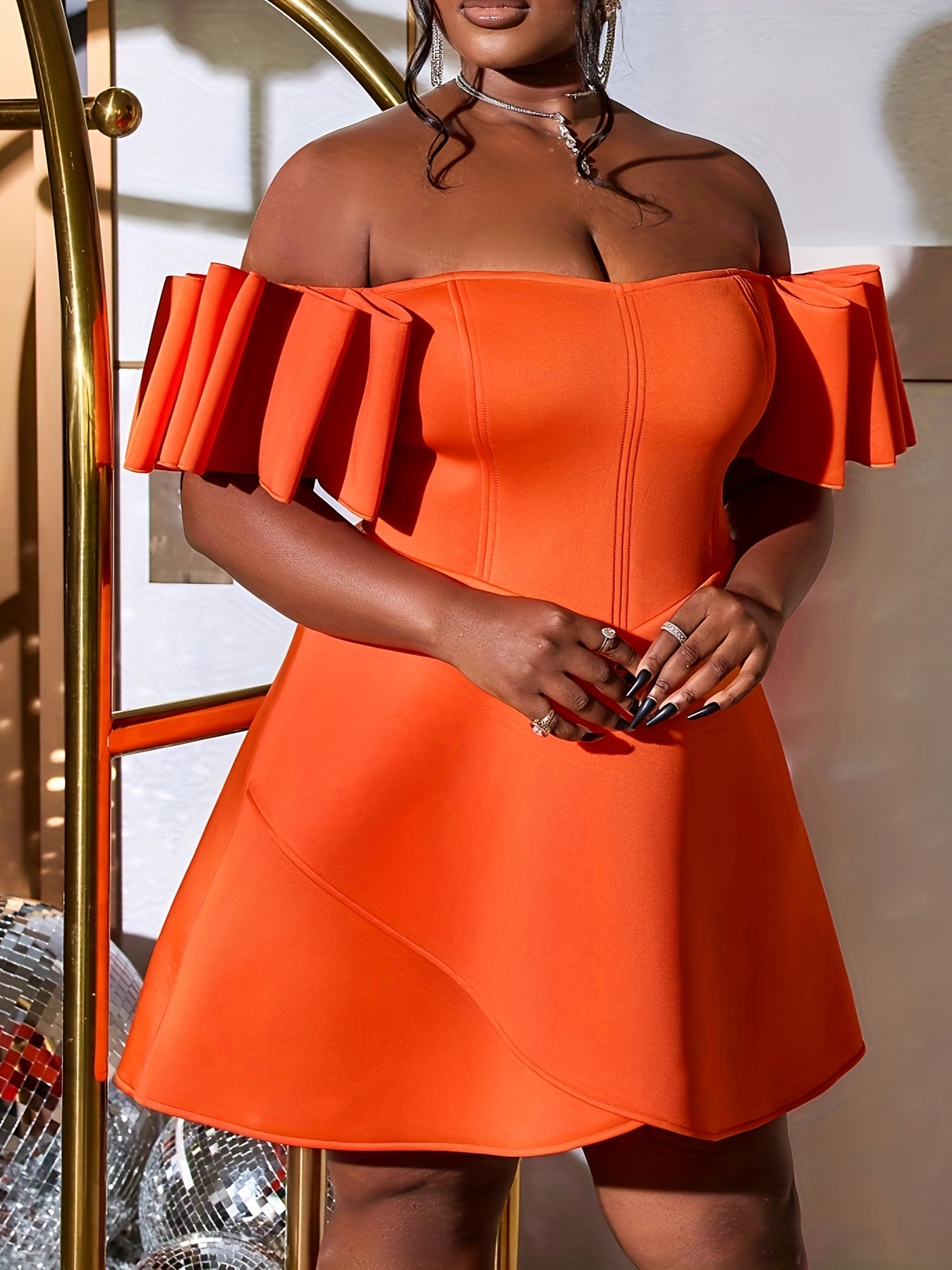 Women Orange Off-Shoulder Party Dress Ruched Mini Evening Gown