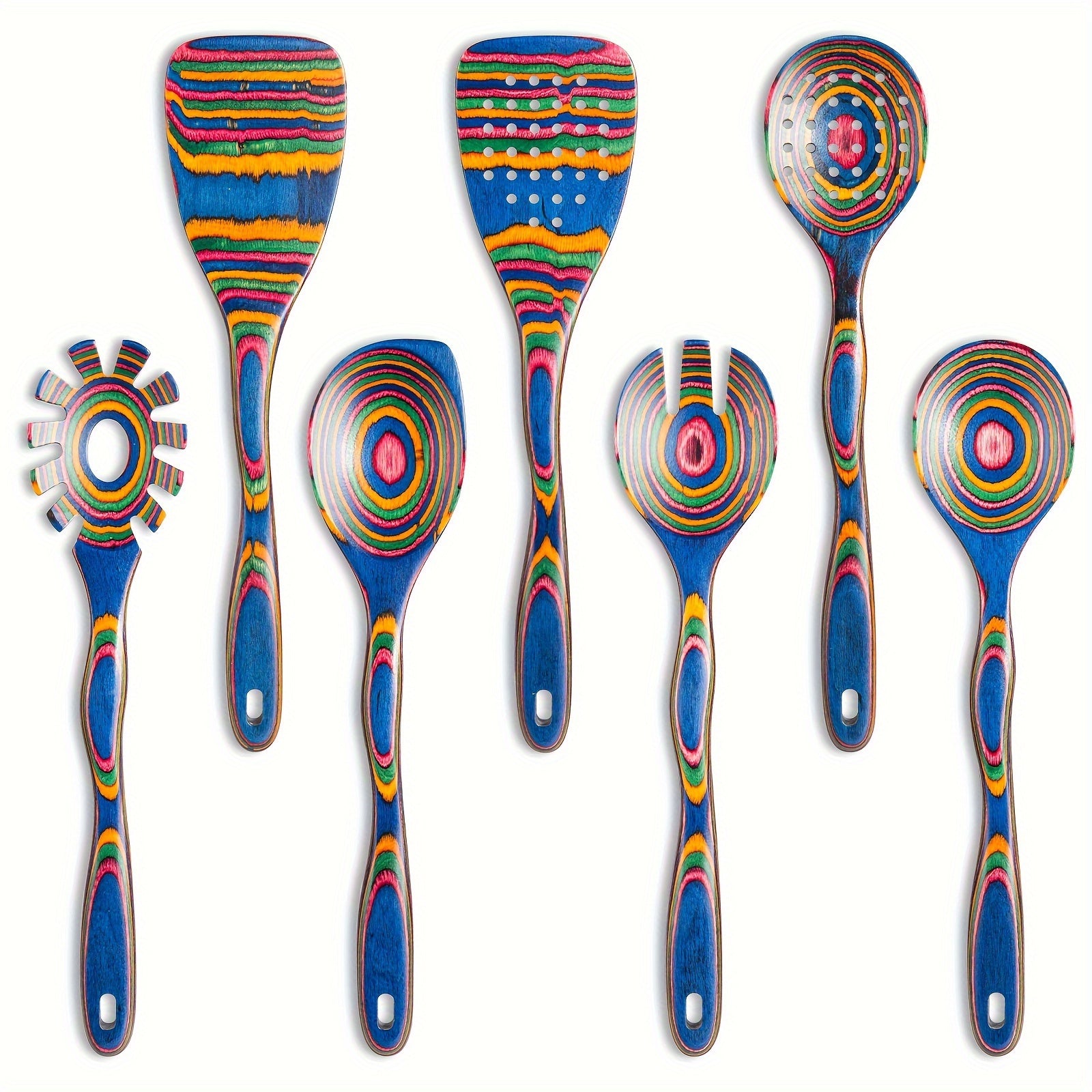 Wooden Kitchen Utensils Set 7-Piece Colorful Soup Spoons and Cooking Tools