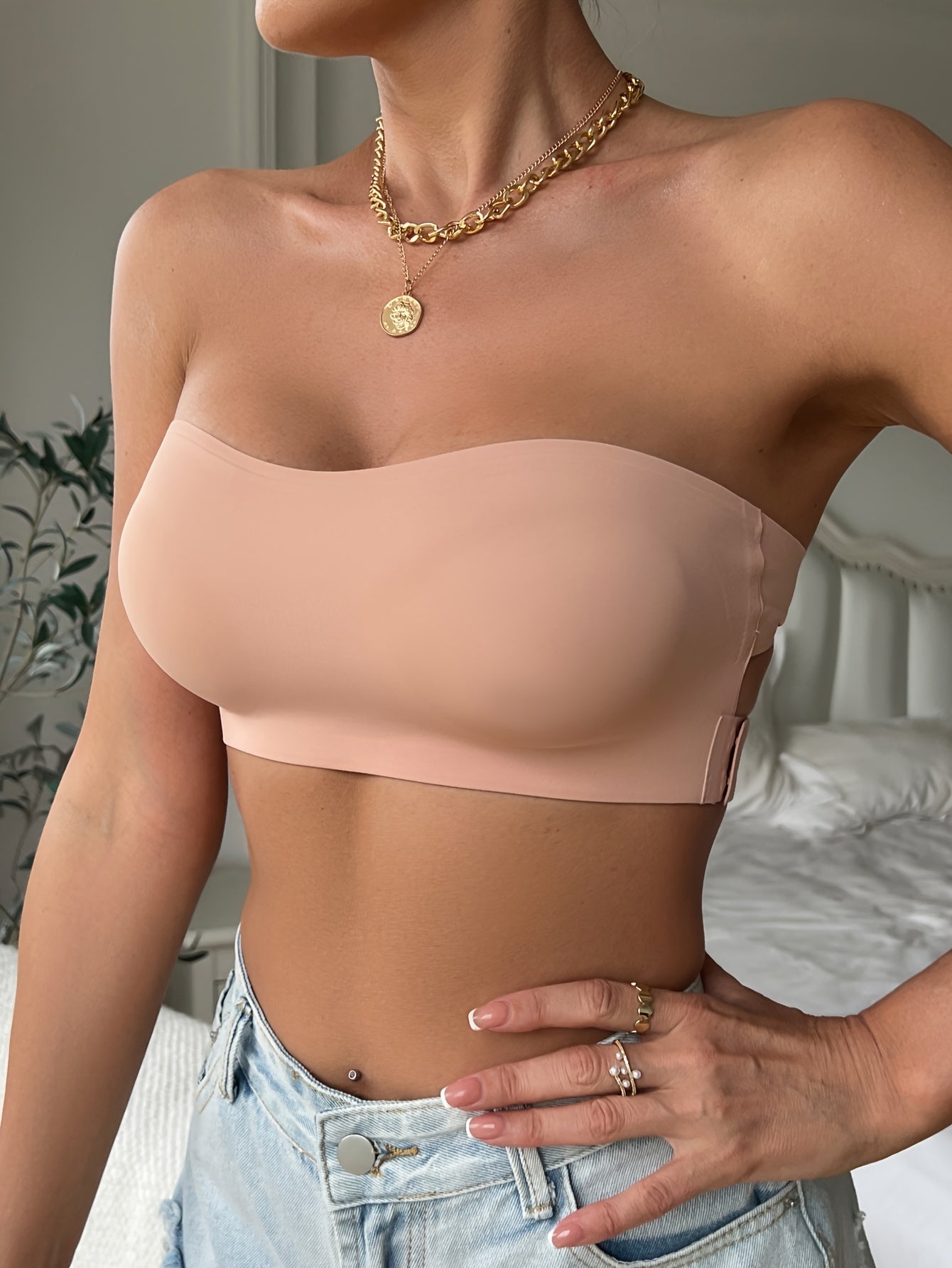 Sujetador bandeau sin costuras de color sólido para mujer con relleno extraíble