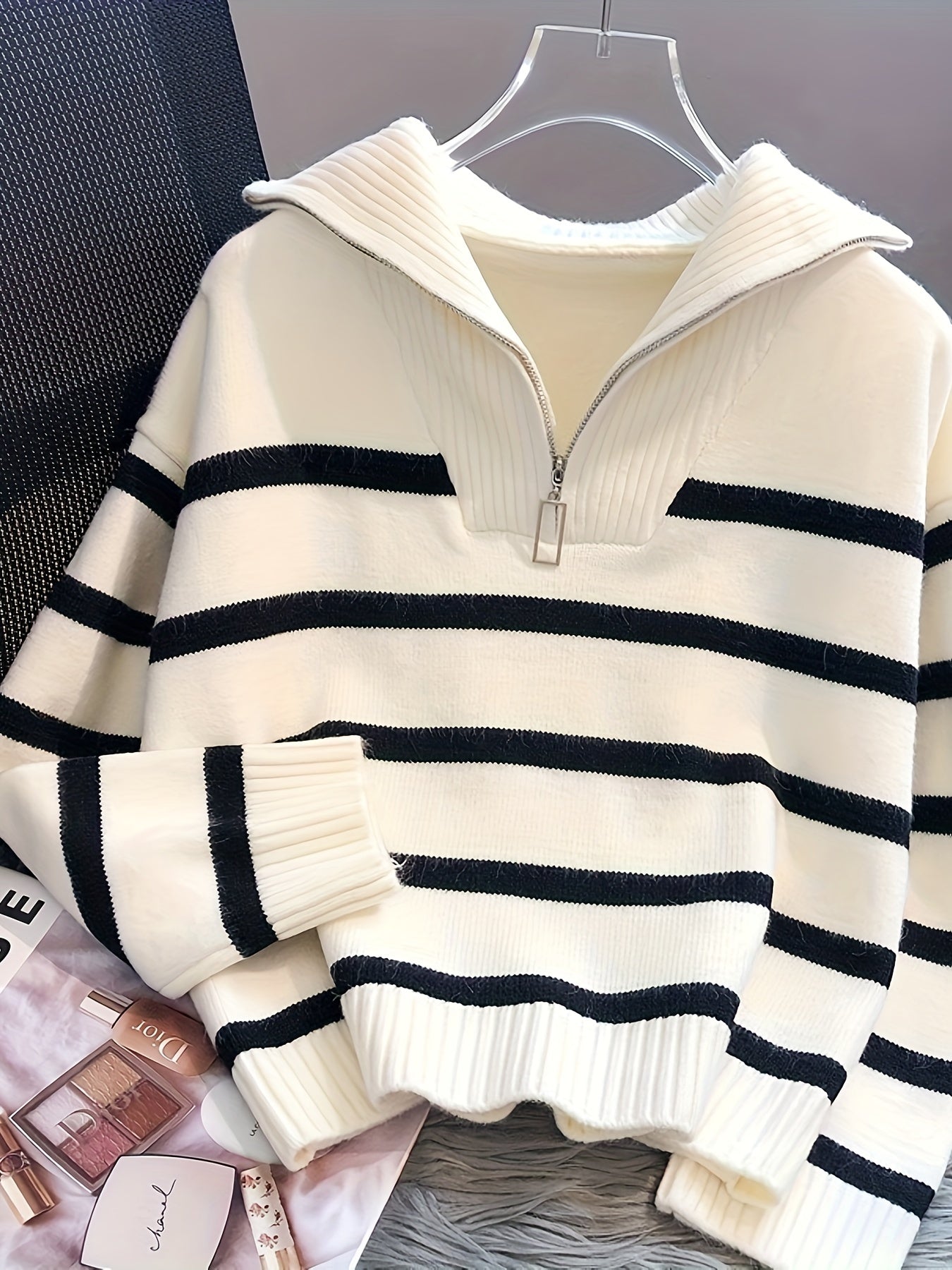 Women's Striped Zip-Up Sweater with High Neck, Long Sleeves, Spring Fall Casual Knit