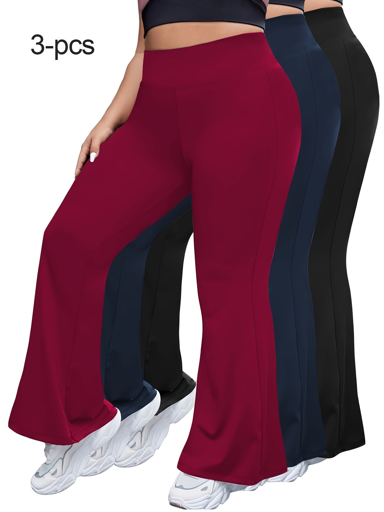 Women Stretchy High-Waist Flare Pants 3-Pack Tummy Control Black Red Navy