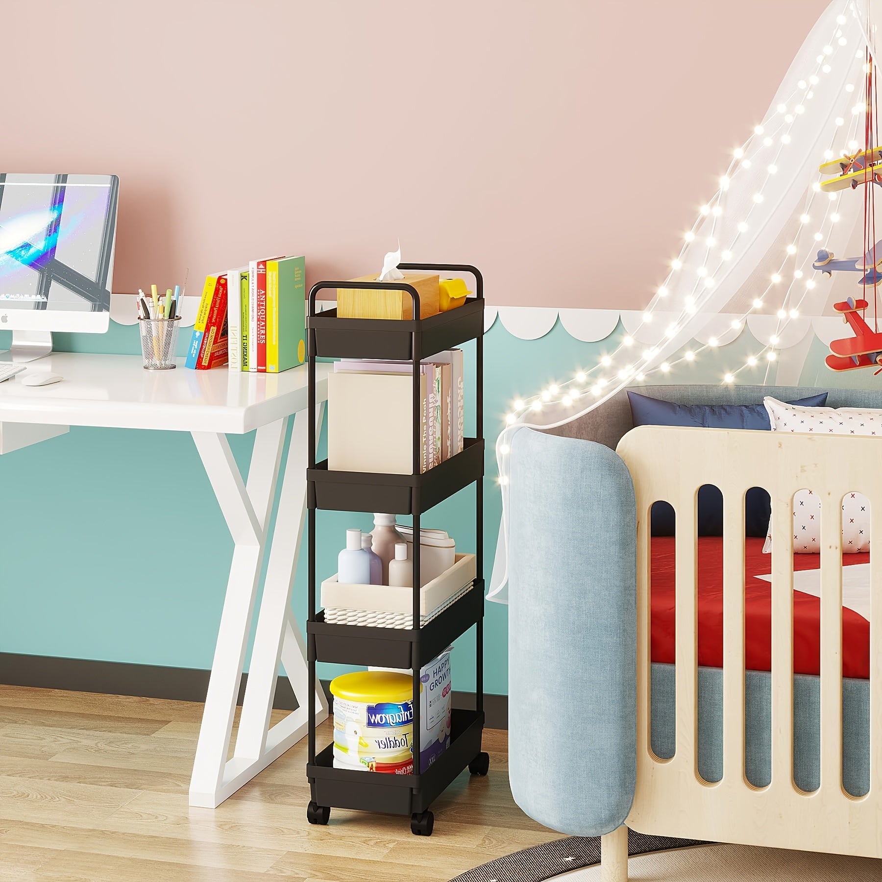 Multi-Tier Plastic Utility Cart with Wheels for Kitchen Bathroom Bedroom Office