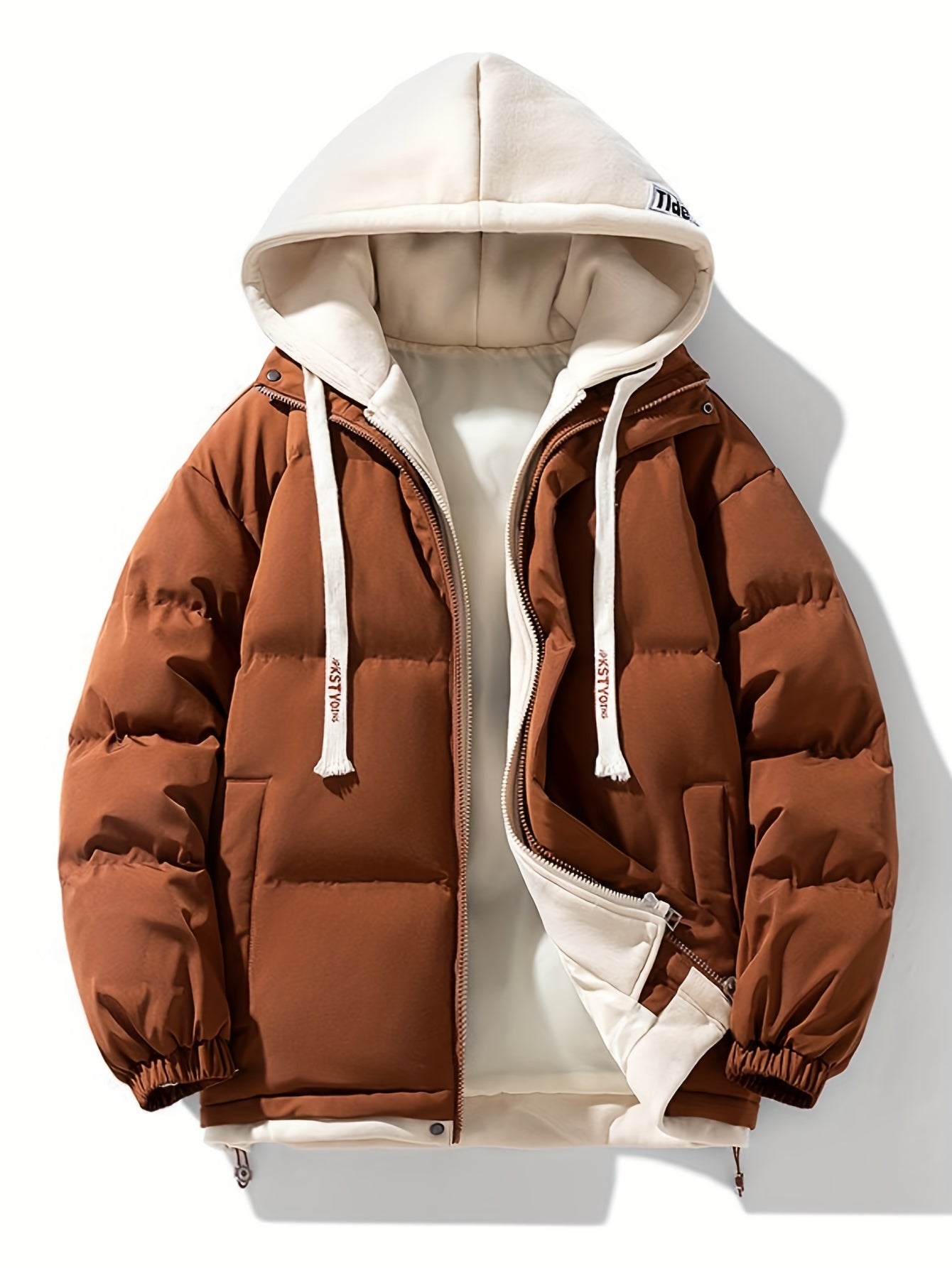 Men's Winter Jacket Hooded Zipper Coat with Pockets Polyester Solid Color Casual