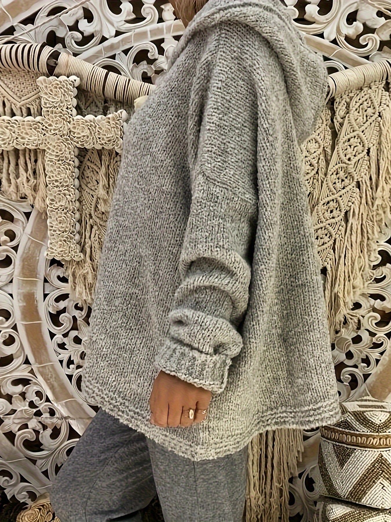Women's Plus Size Solid Color Hooded Sweater Polyester Pullover with Ribbed Details