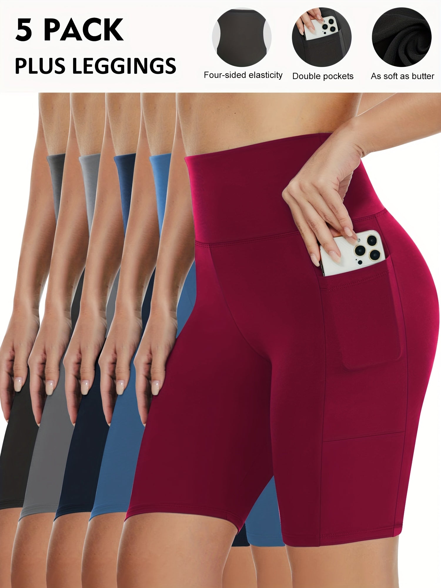 Women High-Waisted Pocket Shorts Polyester Knit Casual Summer Black Red Navy Blue Beige