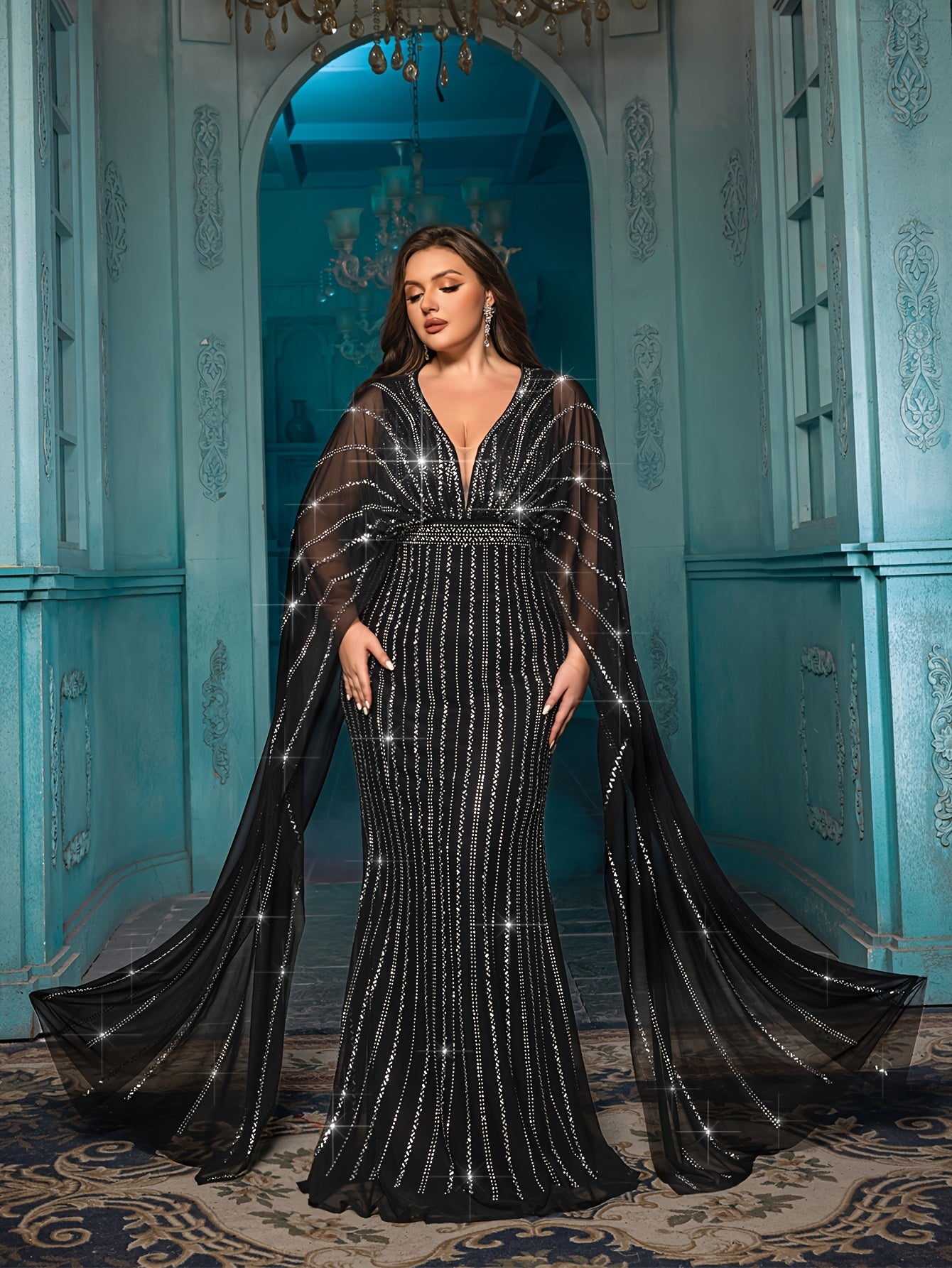 Plus Size Black Evening Dress Rhinestones Puff Sleeves Bow Neckline