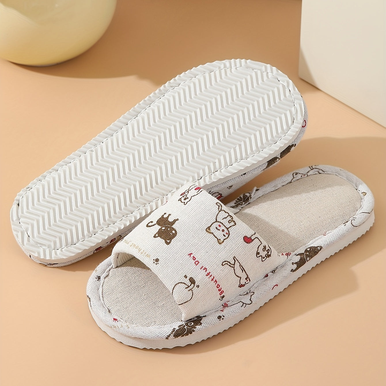 Women's Cat Print Flat Slippers Open Toe Non-slip Casual Slides