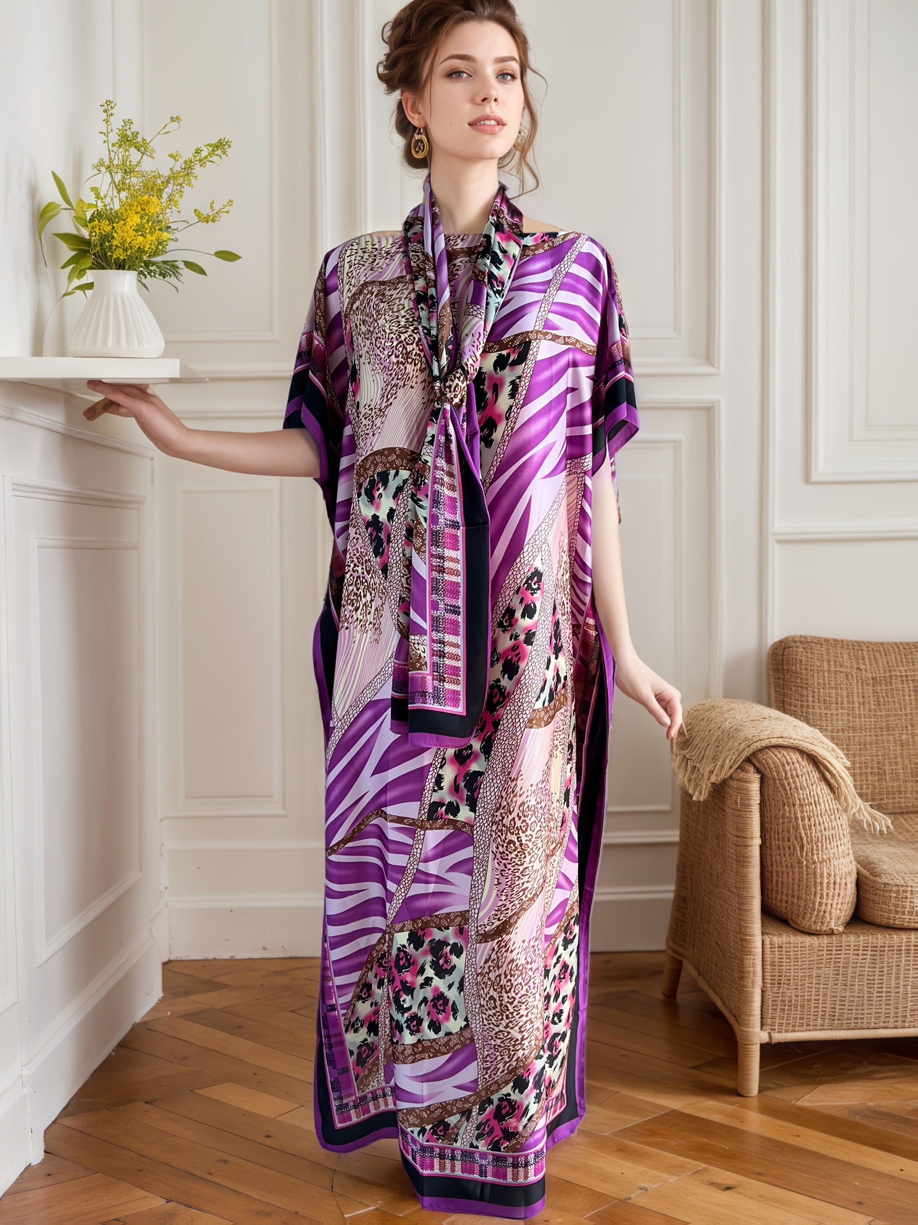 vestido largo de mujer de tallas grandes con estampado geométrico y bufanda para todas las estaciones en morado, marrón, rosa y negro