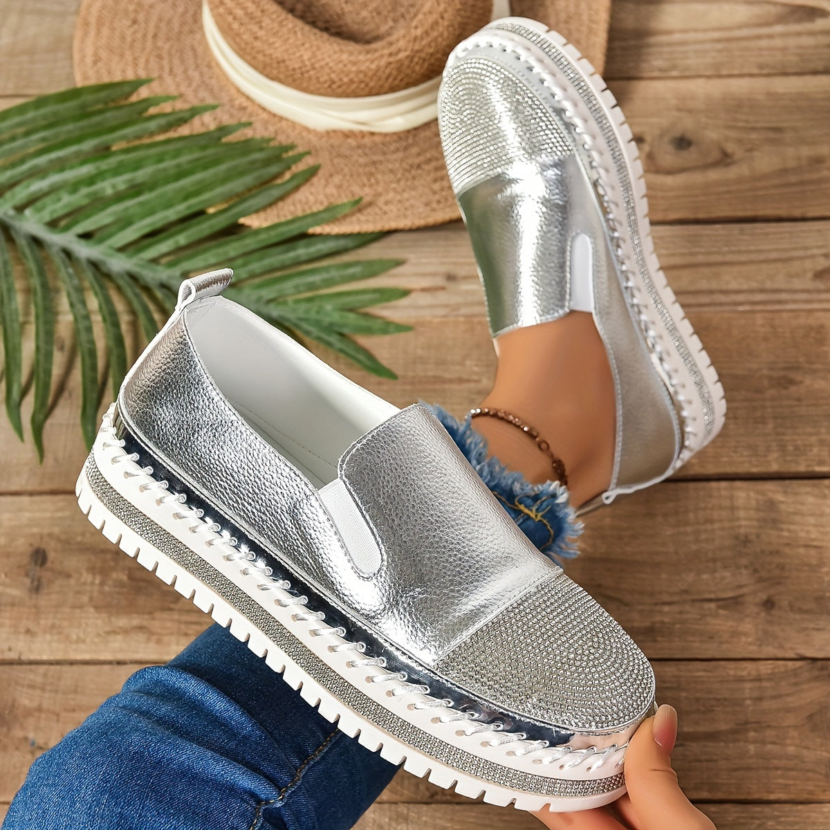 Women's Glitter Flats, Solid Color Slip-On Loafers, Comfortable Platform Shoes