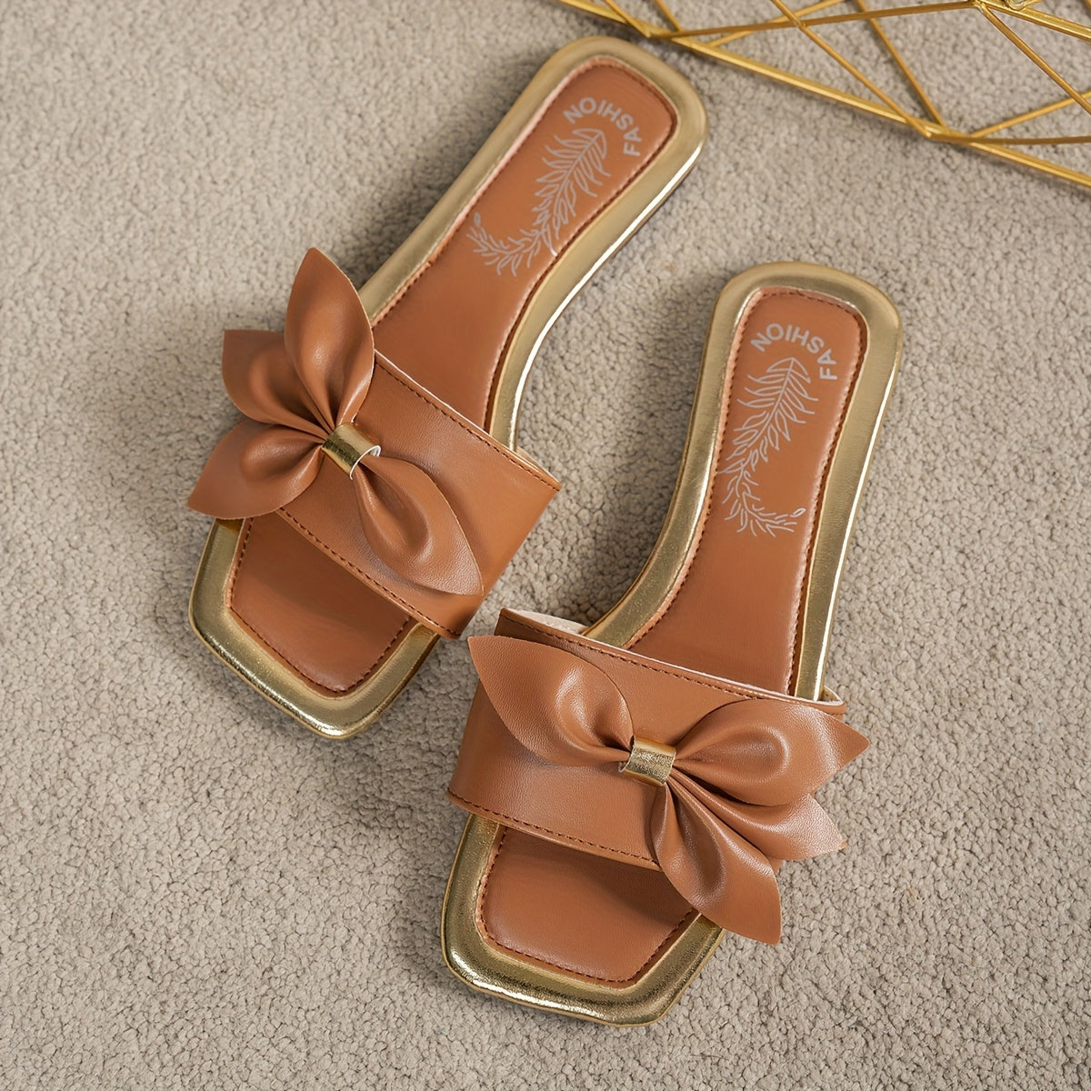 Women's Flat Square Toe Slip-On Sandals with Bow, Pink and Gold