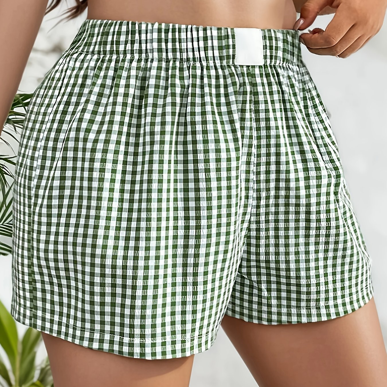 Women's Plaid High-Waisted Shorts Green White Gingham Casual Wide-Leg