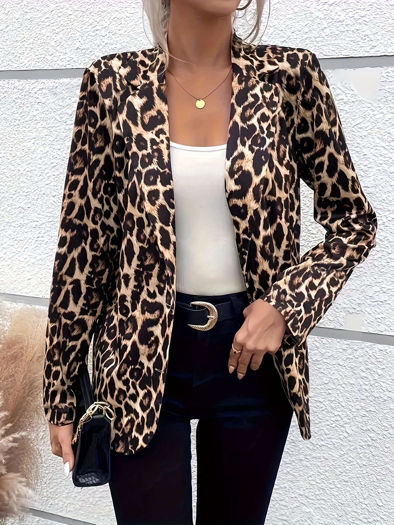 Women's Leopard Print Turnover Collar Suit Jacket Large Size Long Sleeve