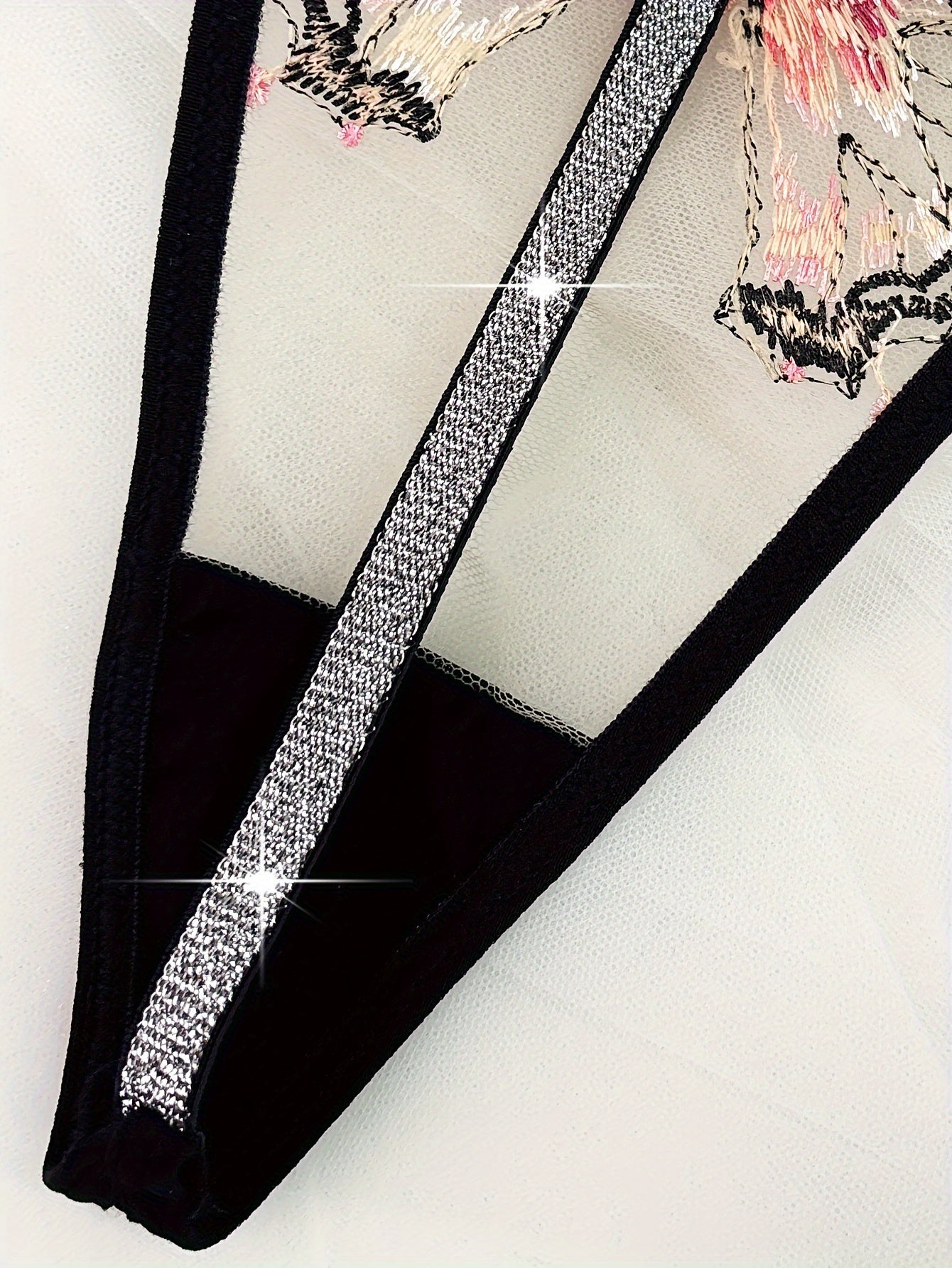 Purple Semi-Sheer Polyester Blend Thong with Butterfly Embroidery and Glitter Trim for Women