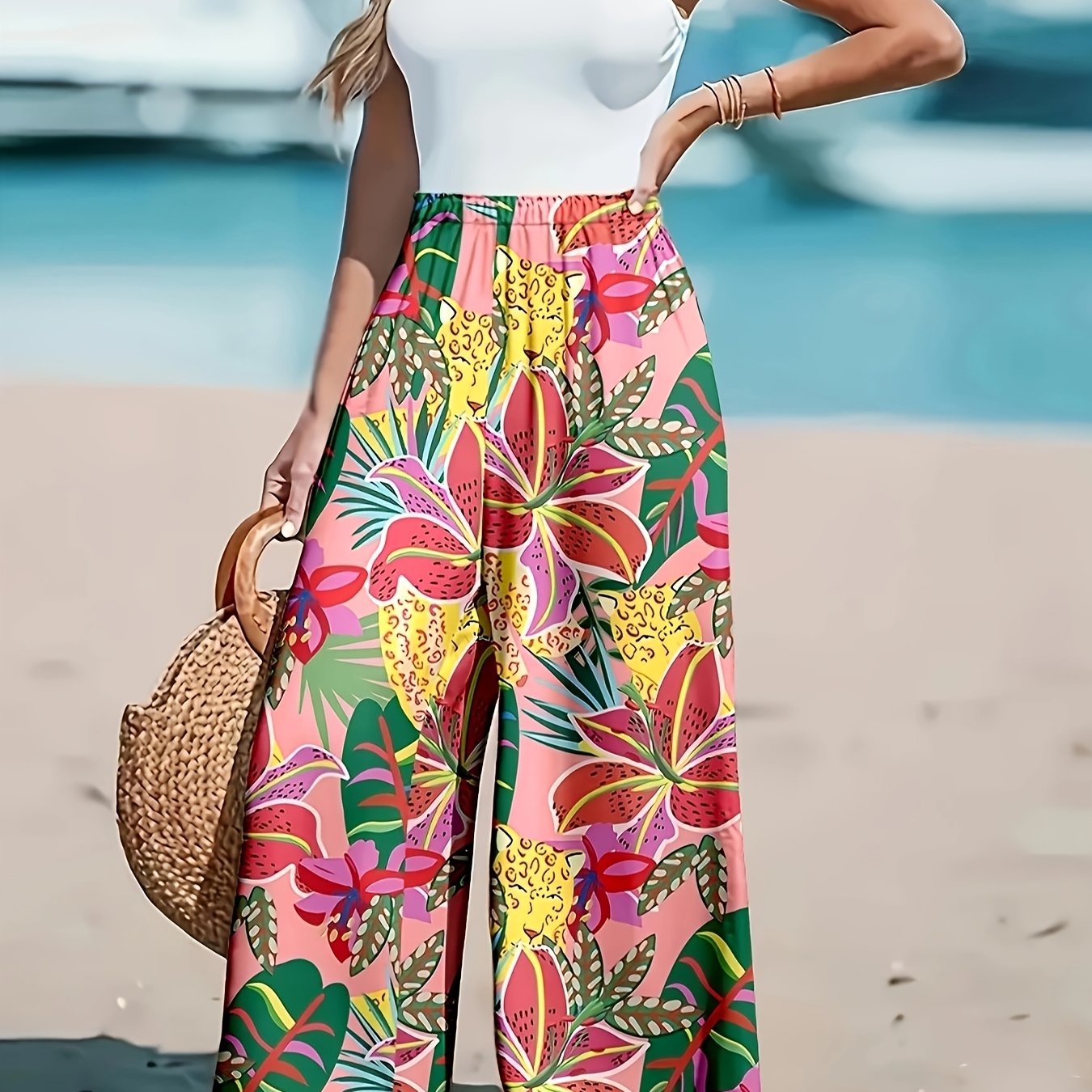 Women's Plus Size Tropical Print High-Waisted Loose Pants Casual Vacation Wear