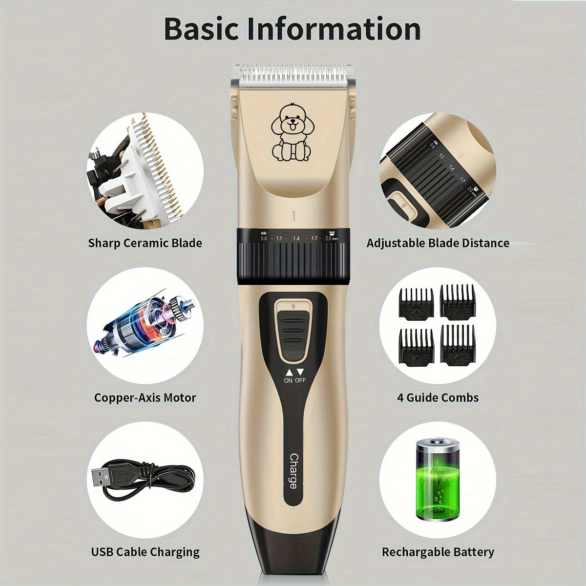 Pet Grooming Clipper USB Rechargeable Low Noise for Cats Dogs and Human Hair