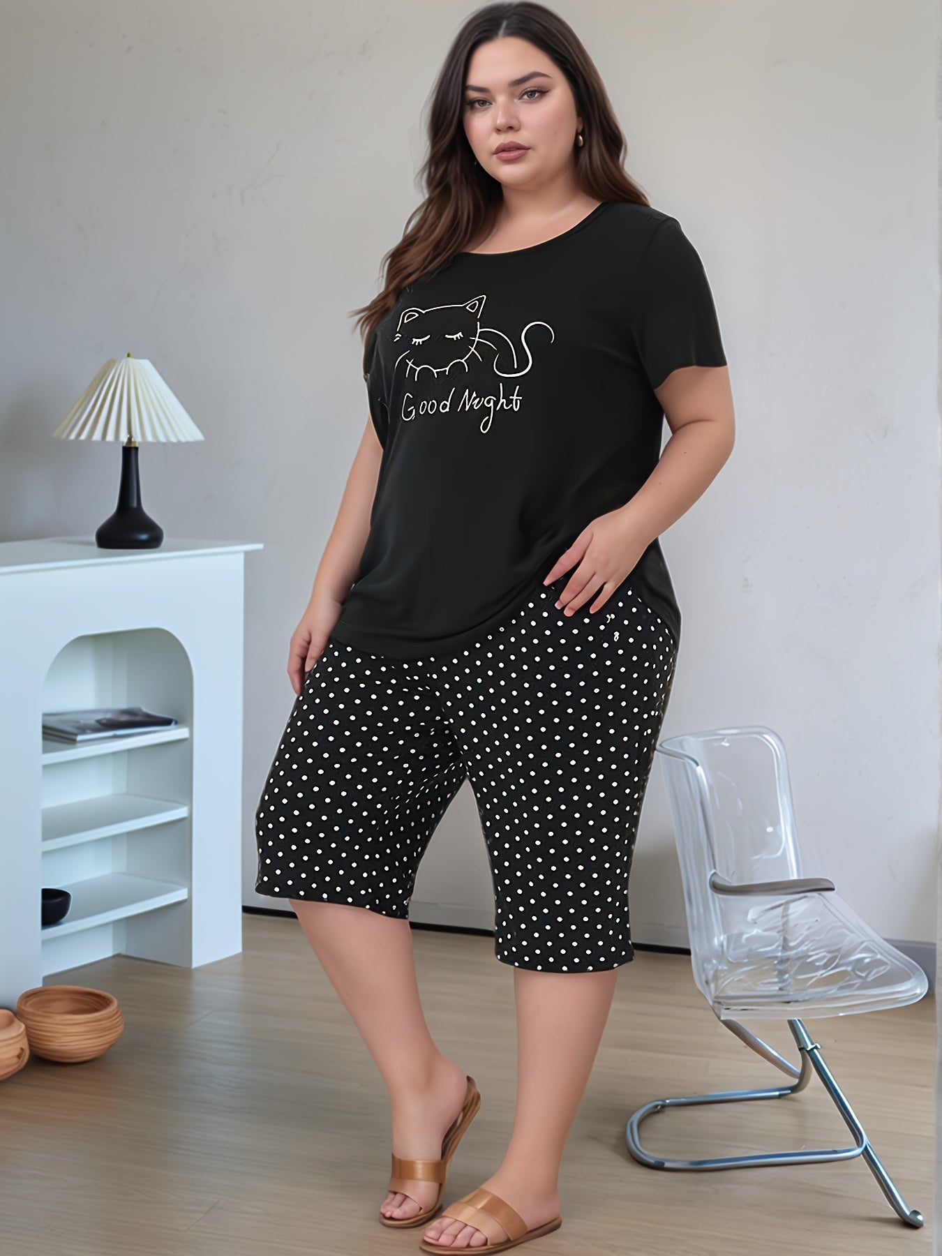 Conjunto de pijama casual de algodón de manga corta para mujer con estampado de gatito