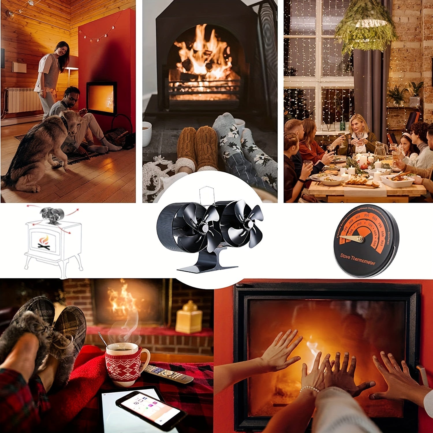 Wood Stove Heater Set with 8 Fans, Magnetic Thermometer, Dual Motor, Non-Electric Fireplace Fan