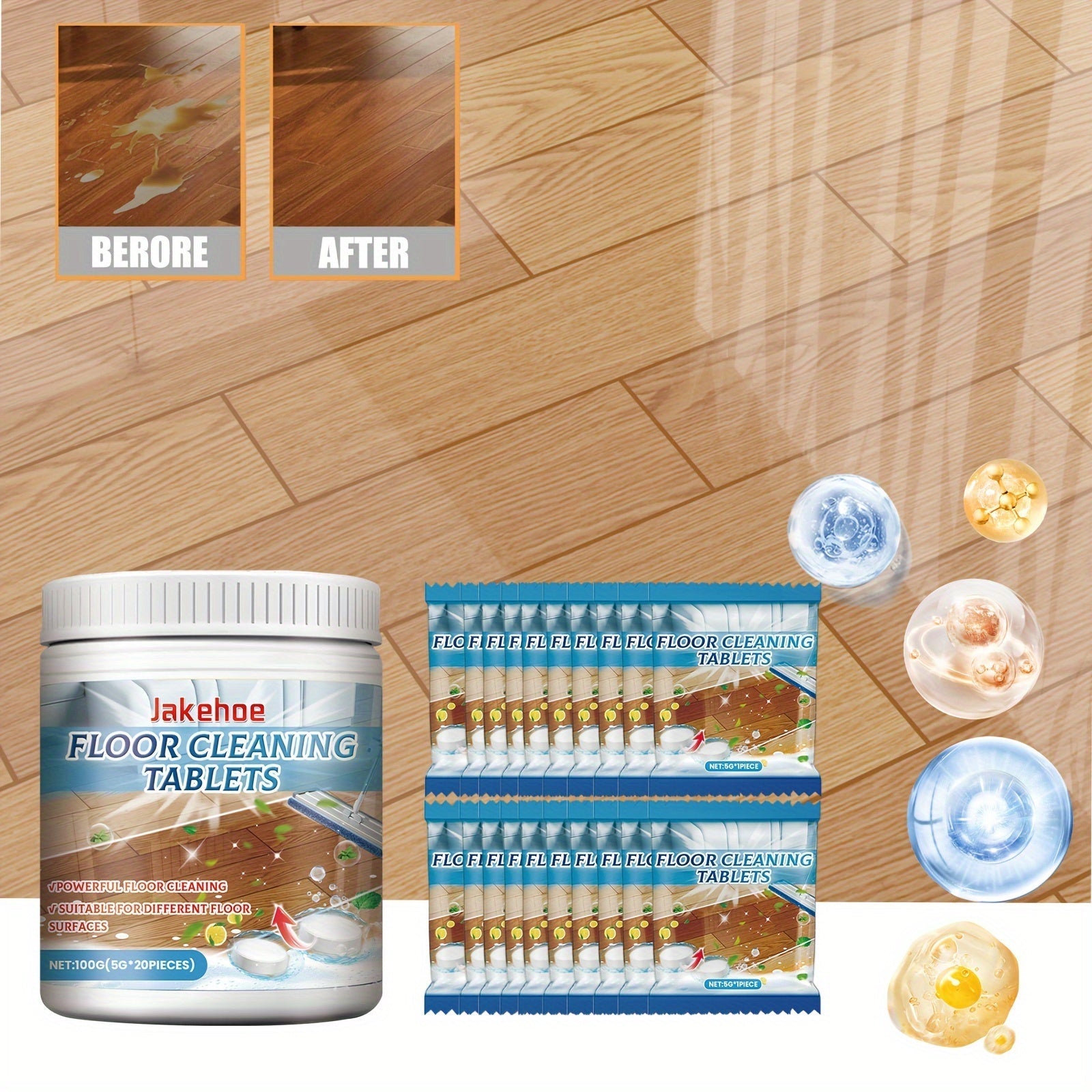 Yumshoq Pol Tozalash Tabletkalari - 100g Yog'och va Marmar Pollar uchun, Dog'larni O'chiradi va Porlashni Oshiradi