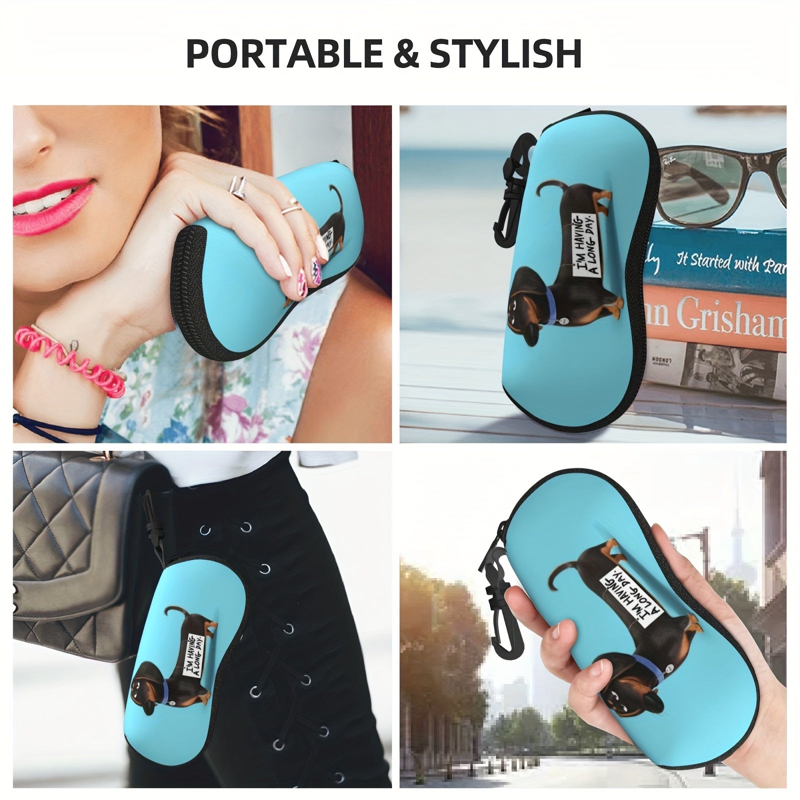 Портативный футляр для очков с милым узором щенка таксы и мультяшным принтом, включает в себя брелок и изготовлен из мягкого неопрена с застежкой на молнии.