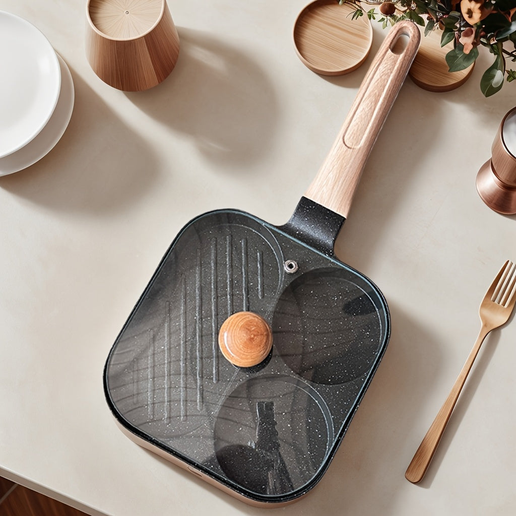 Sartén de aluminio con tapa, plancha antiadherente de 3 secciones para huevos y filetes