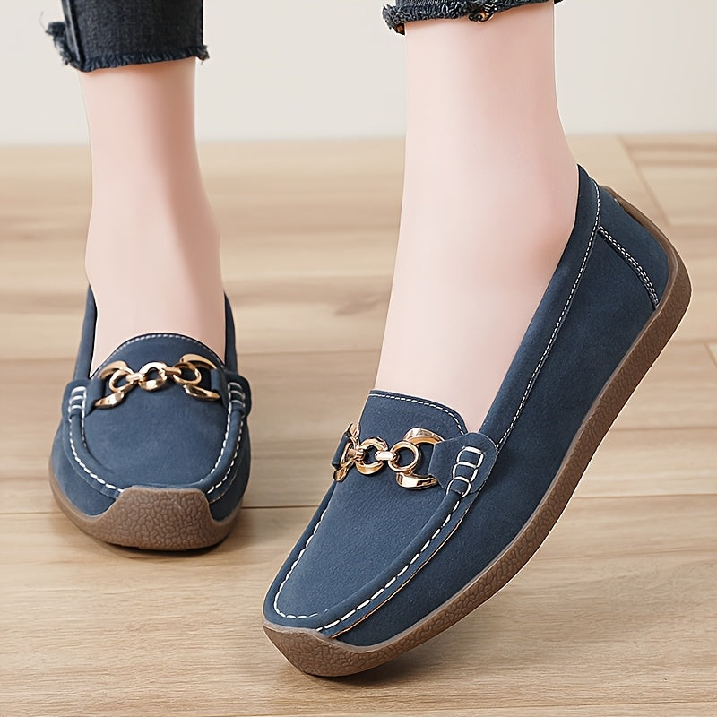 Women's Brown Synthetic Slip-On Loafers with Gold Chain, Round Toe