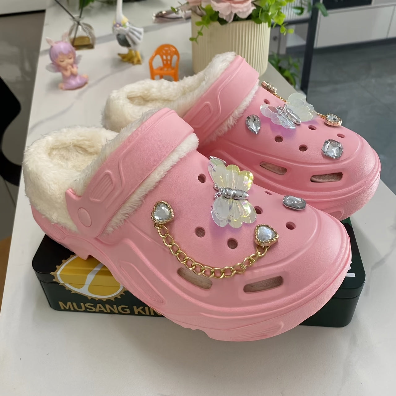 Women's Warm Plush Lined Shoes with Butterfly Heels and Bear Accessories