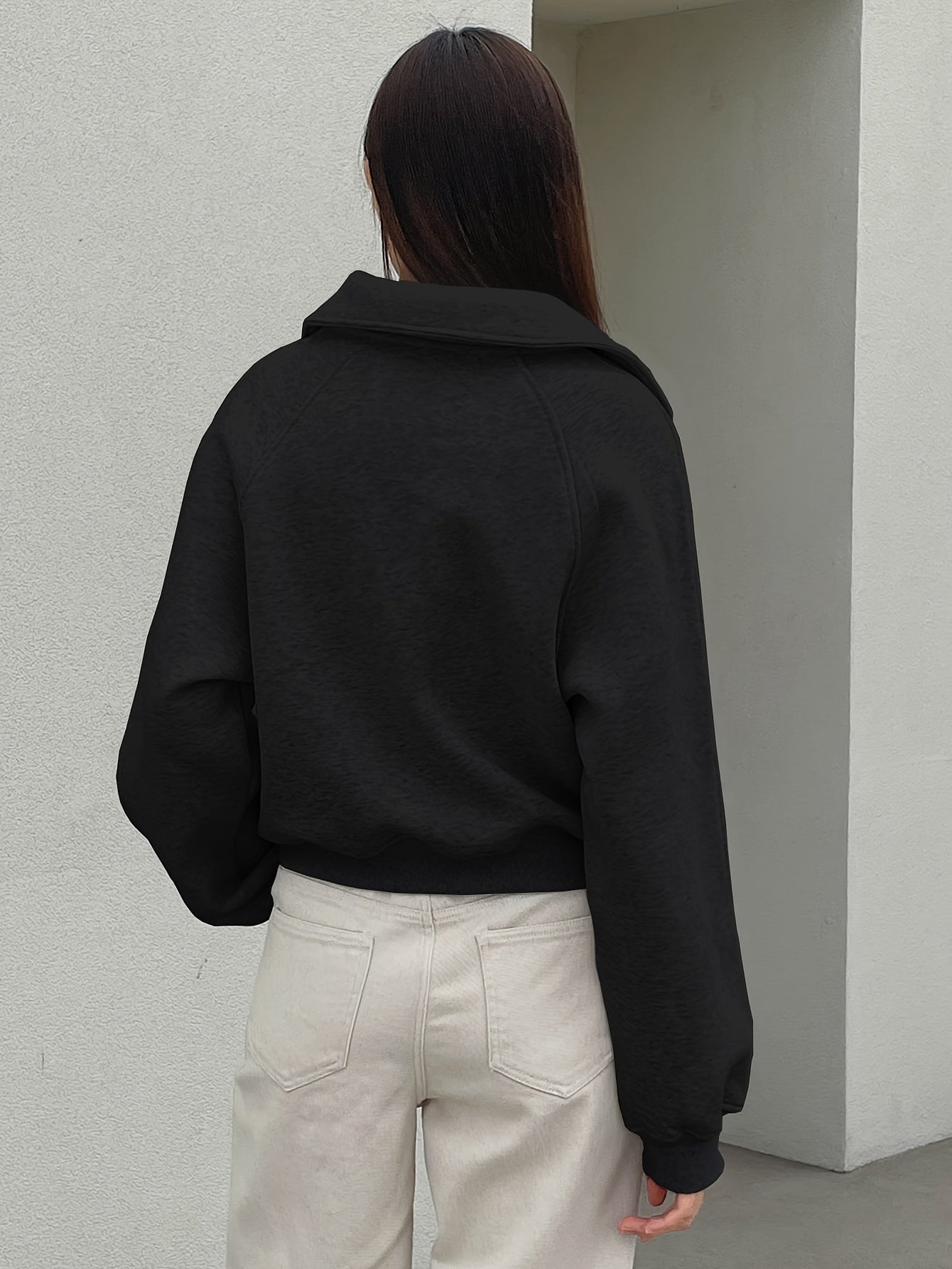 Women's Fleece-Lined Sweatshirt with Half-Zip Collar Raglan Sleeves Fall Winter