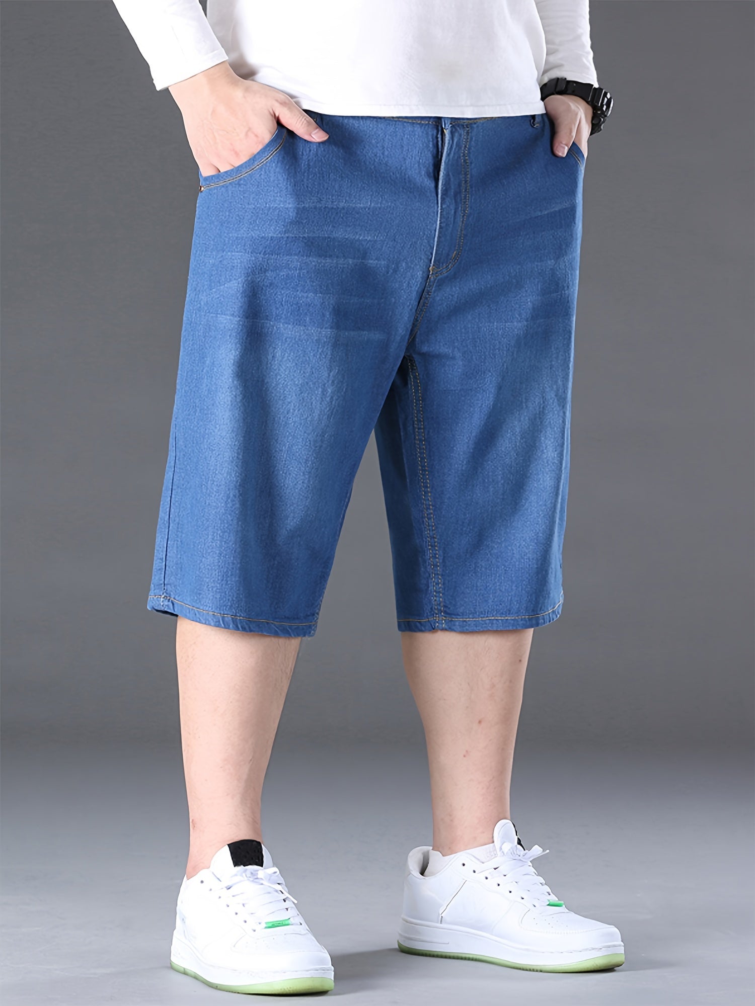 Plus Size Men's Denim Shorts Casual Blue Cotton Stretch Summer