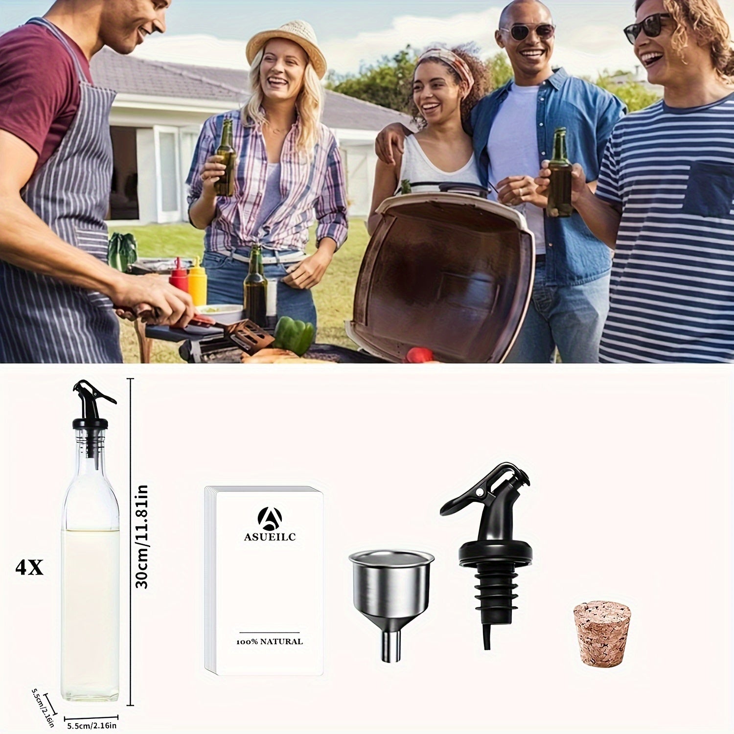 Set of Four 500ml Glass Oil and Vinegar Dispensers with Bamboo Stand