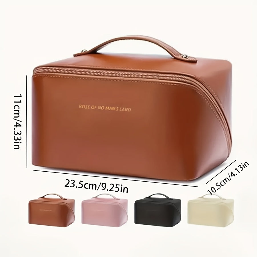 Large Capacity Faux Leather Makeup and Toiletry Organizer with Zipper and Handle
