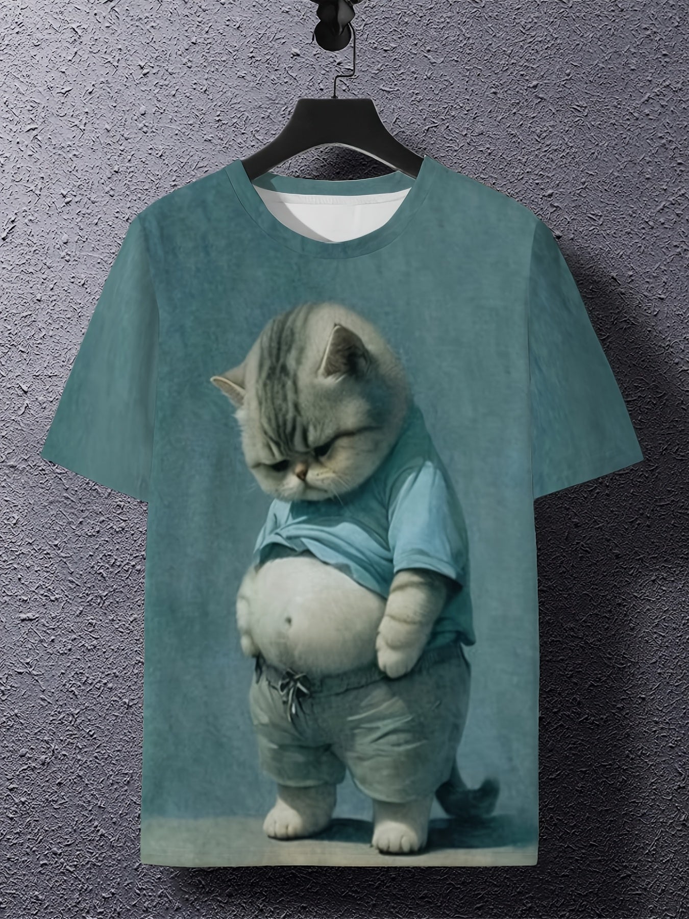 Camiseta de manga corta con cuello redondo y estampado de gato 3D para hombre