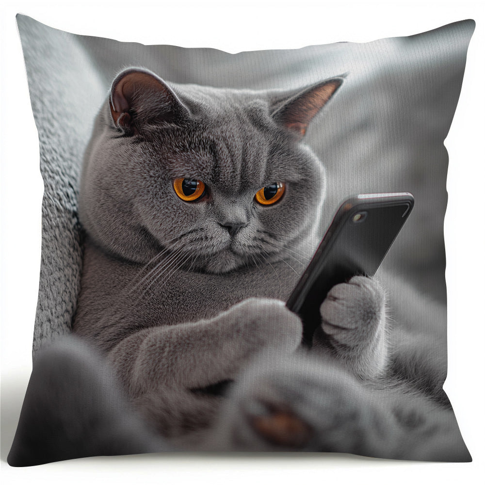 Cat Phone Pillow Cover Double-Sided Woven Polyester Fade-Resistant Decorative Pillowcase 45.72cm