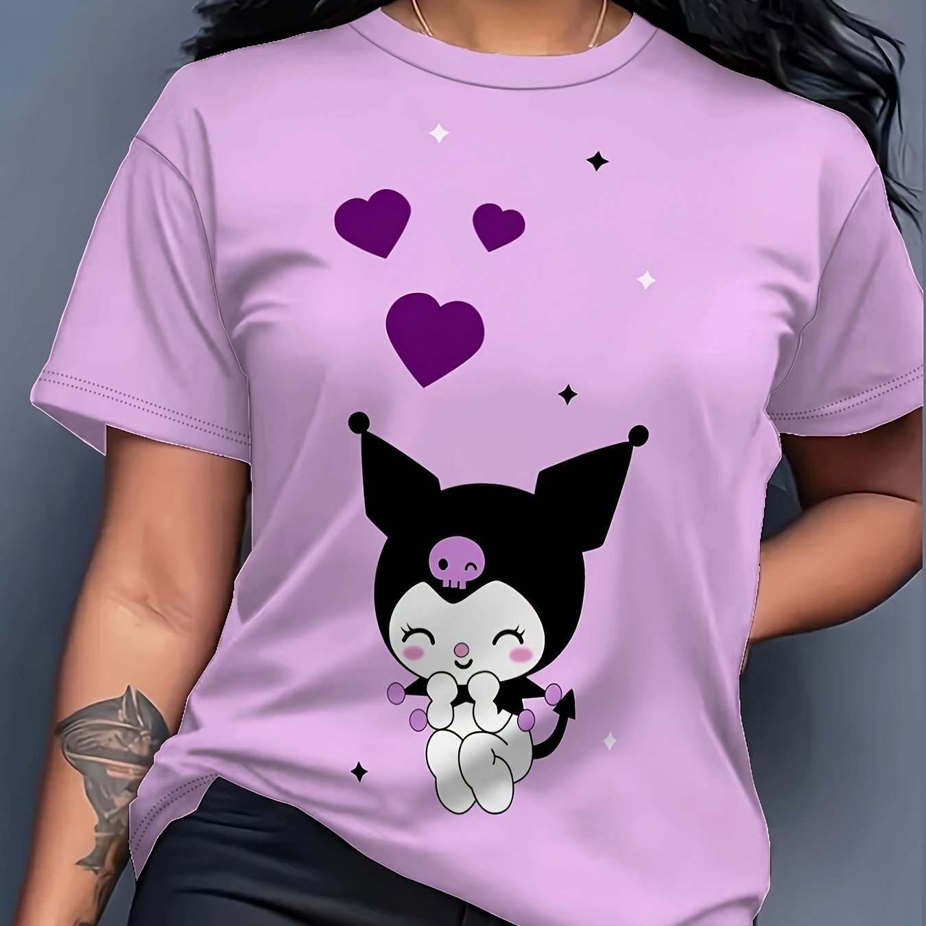 Women's Plus Size Graphic T-Shirt with Hearts and Stars, Short Sleeve, Soft Fabric