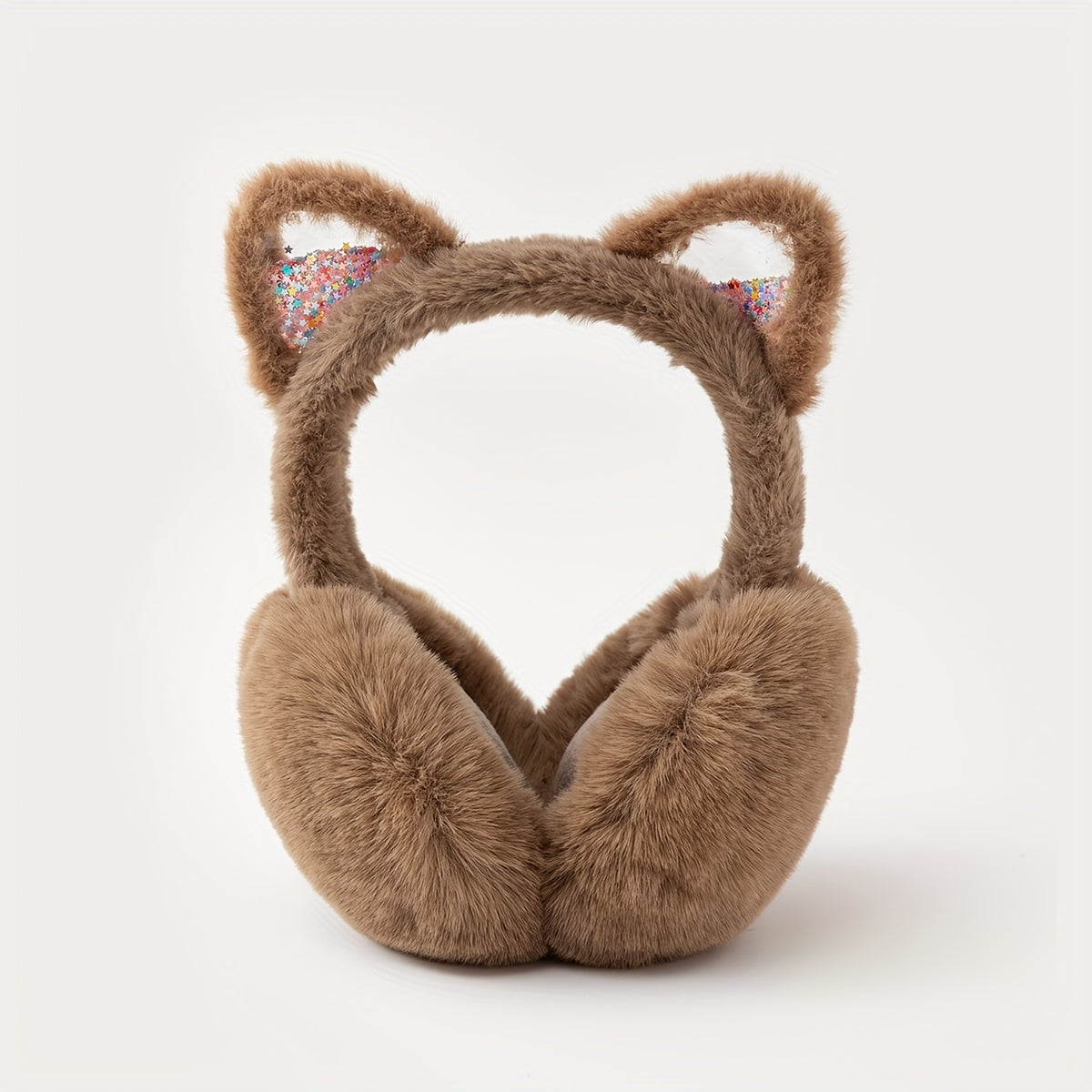 Auriculares con orejas de gato acogedoras, orejeras de peluche con pelo sintético, orejas brillantes, ropa de invierno