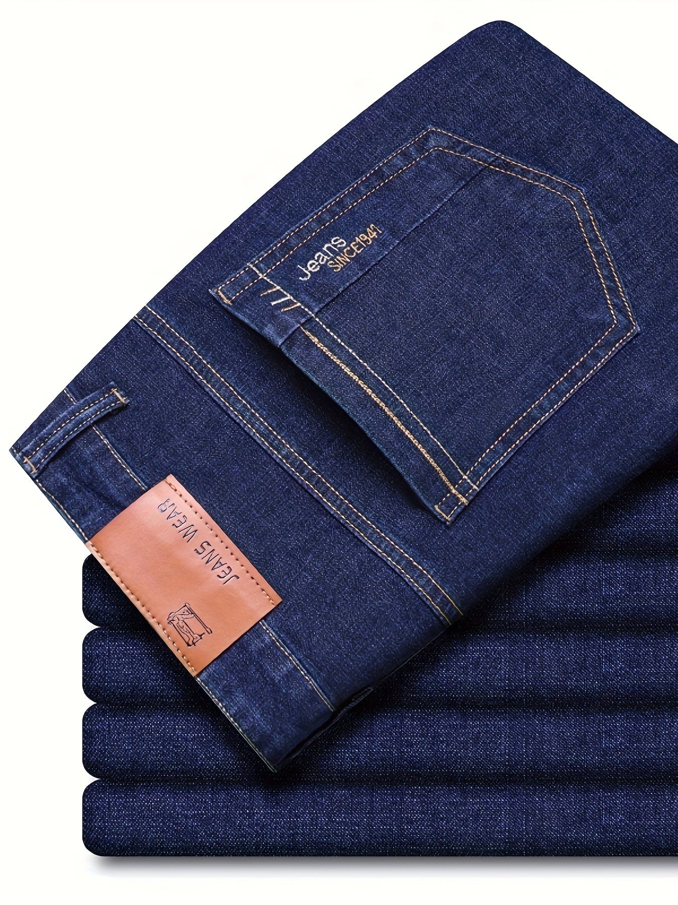 Erkaklar uchun klassik barcha mavsumli denim jinsi shimlar, odatdagi kesim, 50% paxta, 30% polyester, 18.5% viskoza, 1.2% spandeks, bir xil rang, yuvilgan, ozgina cho'ziladigan, fermuarli, 350g/m² mato og'irligi, asosiy.