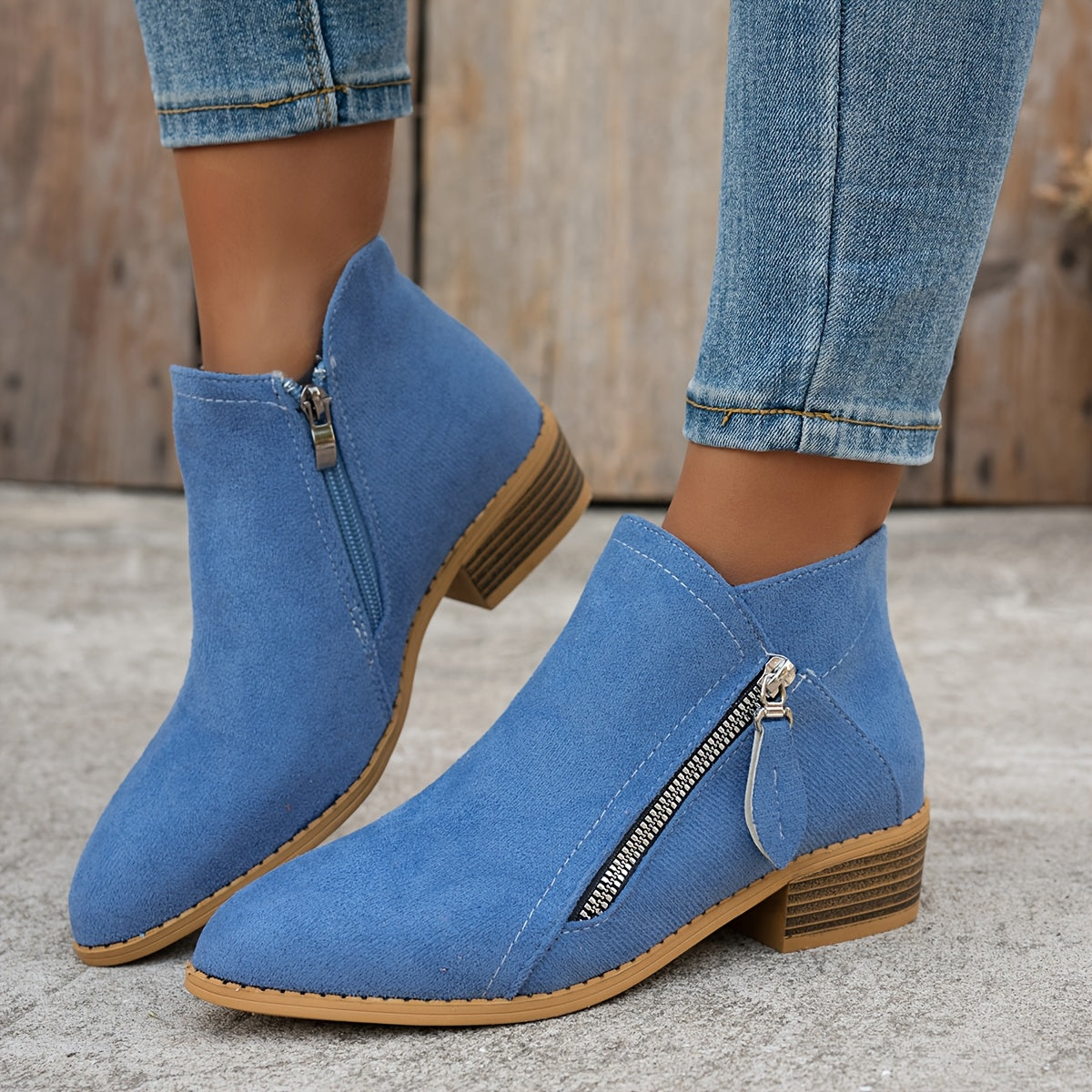 Women's Ankle Boots Solid Color Pointed Toe Mid-Heel Casual Slip-Ons